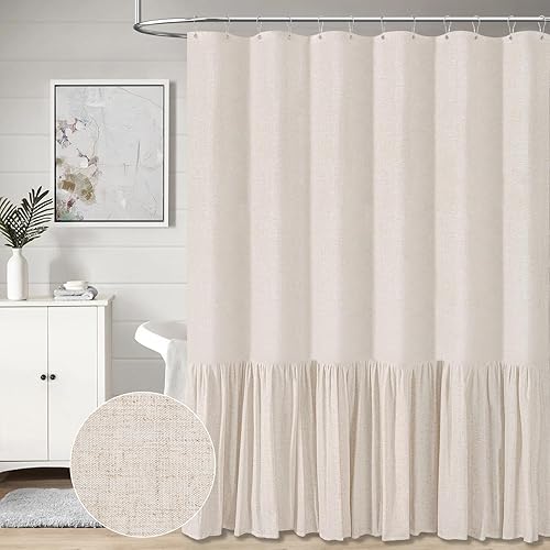 BTTN Cortina de ducha de lino extralarga, 72 x 96 pulgadas de largo, juego de cortina de ducha de tela resistente con dobladillo con volantes,