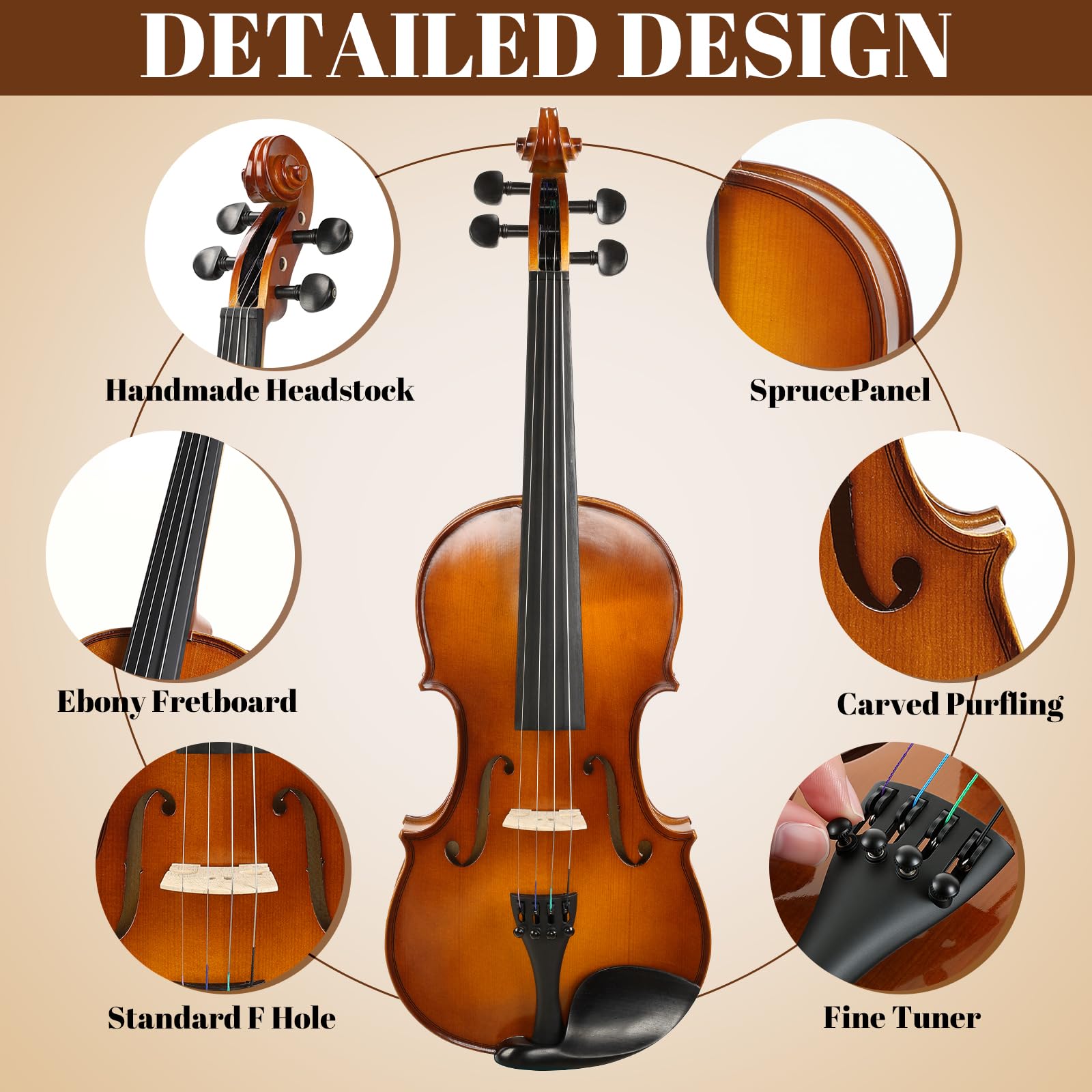 Kmise Linkshänder Violine 4/4 Full Size Set Ebenholz Violinen für Anfänger | Entwickelt für Linkshänder Spieler, satter Ton aus Fichte & Ahornholz, komplettes Anfänger-Set mit Koffer, Bogen & Zubehör