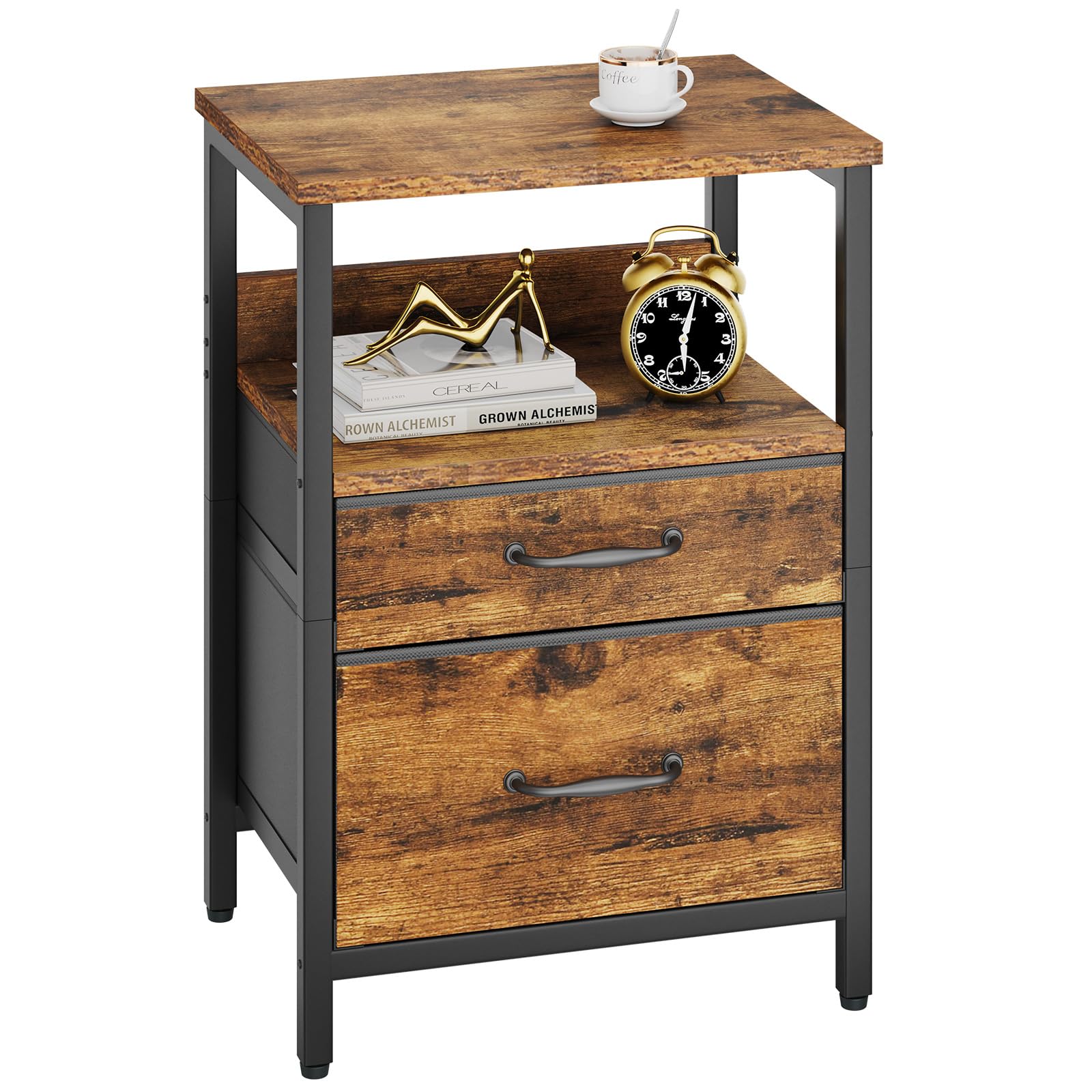 YMYNY Nachttisch HST011H, 2 Stoffschubladen und offenes Fach, Vintage Holzmaserung, für Schlafzimmer und Wohnzimmer