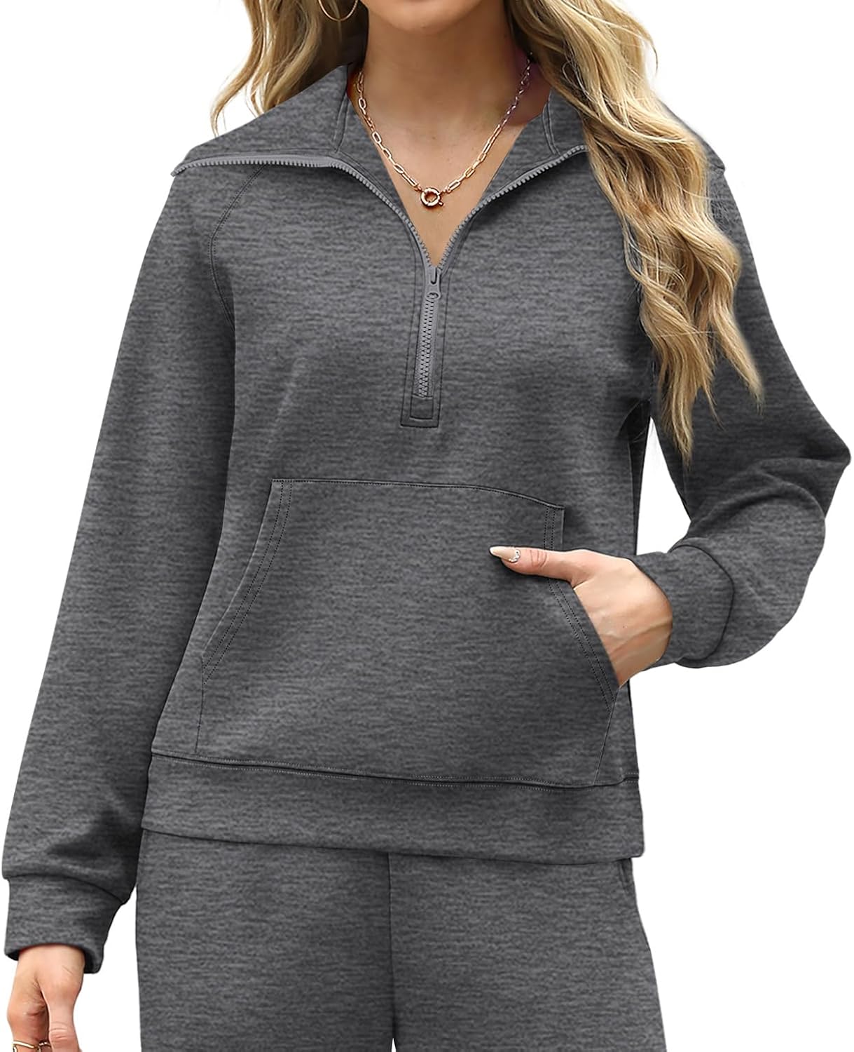 XIEERDUO Lounge Sets For Women 2 Piece Sweatsuits Sweatpants Set Outfits Kangaroo Pocket Sweatshirt Dimgray M - Image 5