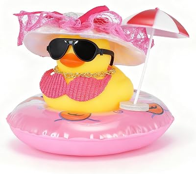Small Rubber Duck for Jeep with Pink Hat, Gold Chain, Sunglasses, Swim Ring, Squeaky Silicone Car Decor, Summer Beach Rubber Ducks, DIY Cute Duck Ornament for Home Office Party Desk Gift
