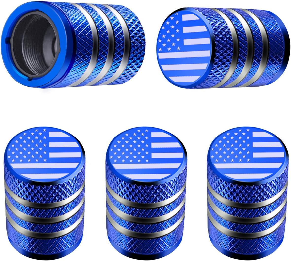 Tire Valve Stem Cap Cover - (5 Pack) Tire Air Cap Metal with Plastic Liner Corrosion Resistant Leak-Proof American Flag for Car Truck Motorcycle Bike Blue