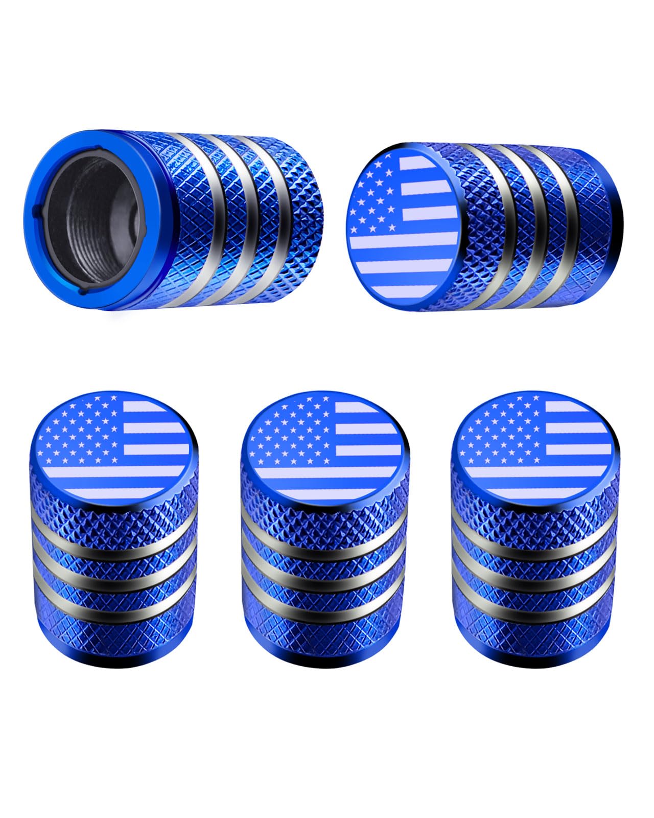 DECURCAR Tire Valve Stem Cap Cover - (5 Pack) Tire Air Cap Metal with Plastic Liner Corrosion Resistant Leak-Proof American Flag for Car Truck Motorcycle Bike Blue