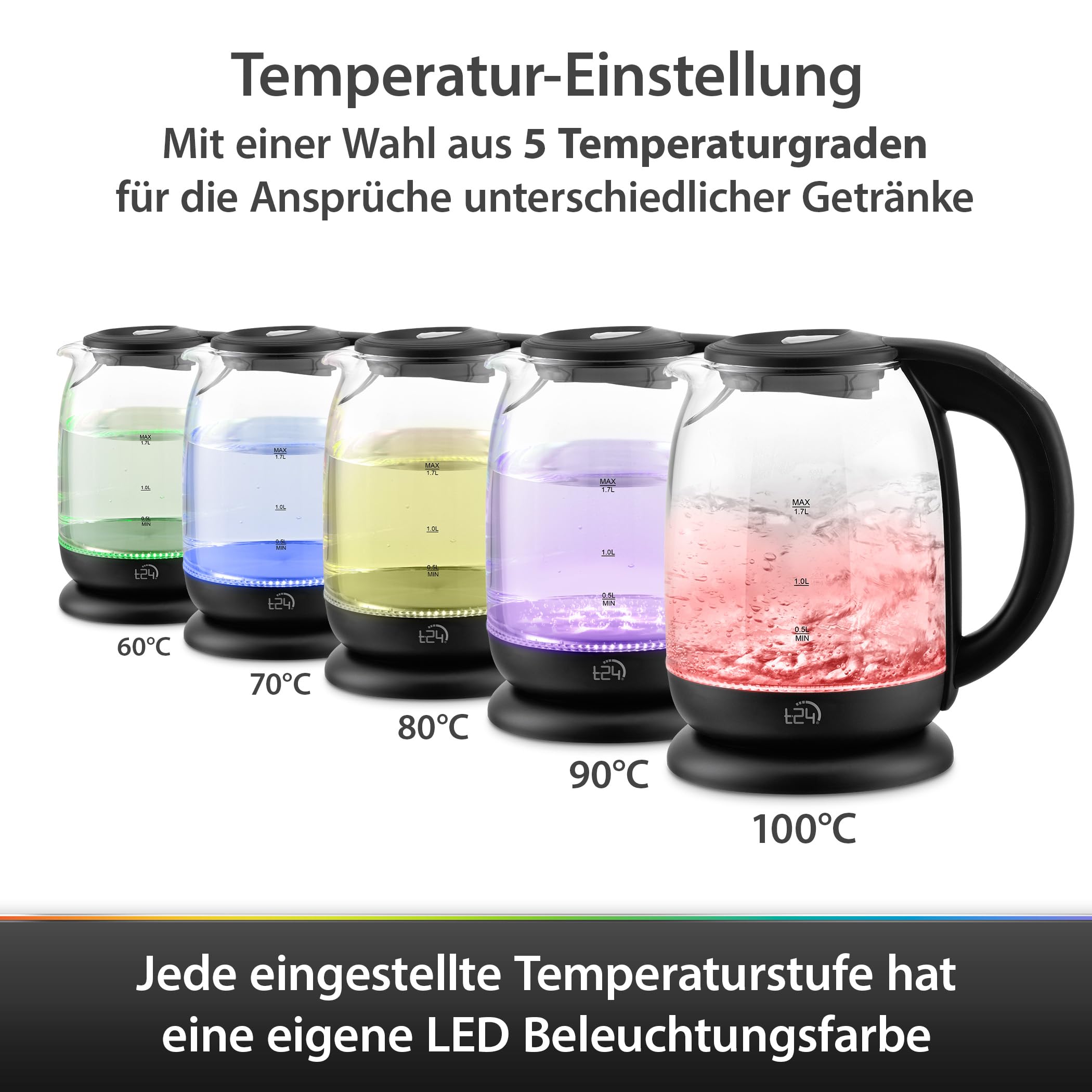 T24 Bollitore in vetro da 1,7 l, con regolazione della temperatura 60, 70, 80, 90, 100 °C, bollitore elettrico da 2200 W, nero con illuminazione a LED