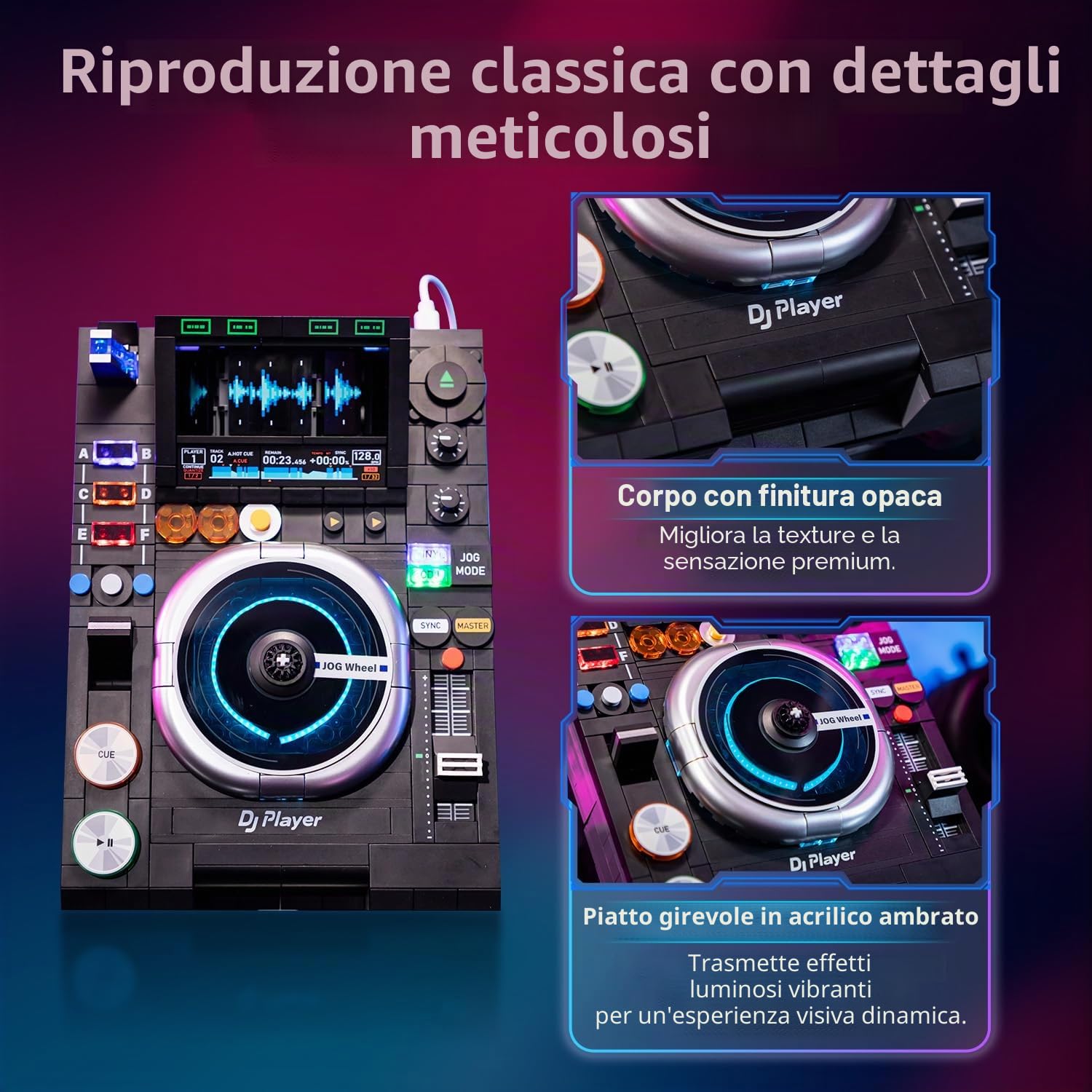 PANTASY Set di mattoncini per DJ con riproduzione musicale Bluetooth, doppia modalità di illuminazione, supporto regolabile, modello interattivo per bambini e adulti