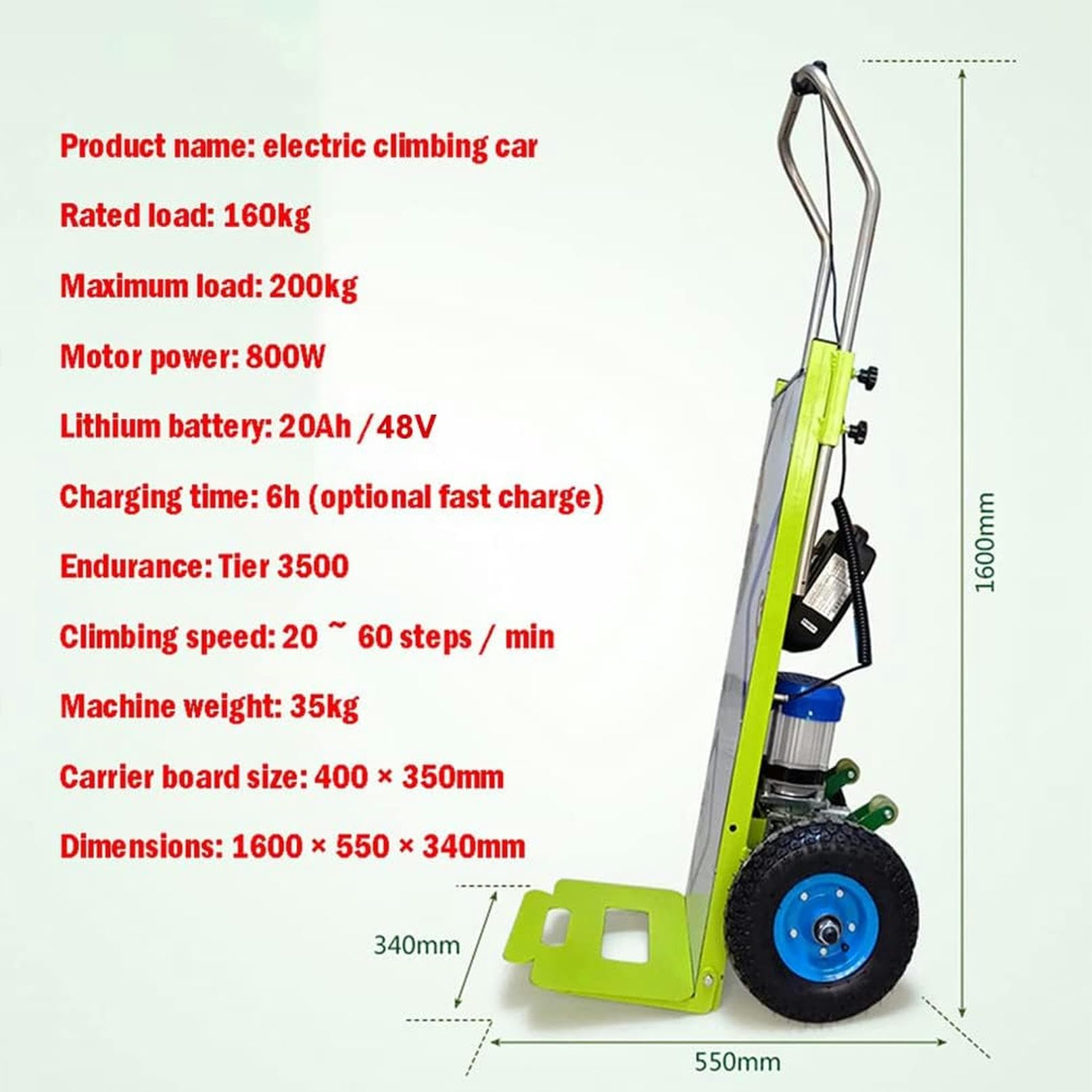 Carrello montascale elettrico, carrello a mano facile da usare su e giù per le scale con carico 200 kg, carrello salva manodopera con batteria rimovibile da 48 V / 20 Ah, verde / 800 W