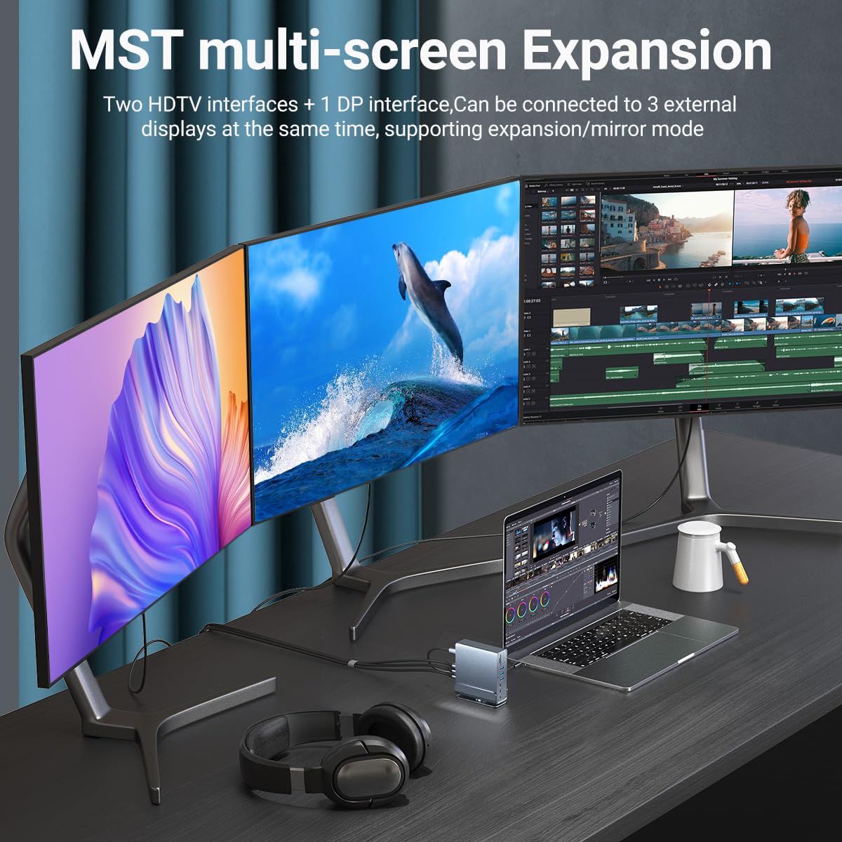 Stacja dokująca USB 15-in-1 do Msi Raider Katana Titan Stealth Vector Creator Prestige Summit Cyborg Sword Pulse Laptopy do gier, mit 360°Drehfuß, 2* 4K HDMI, 1 * DP, 10Gbps USB, RJ45, Audio, SD/TF