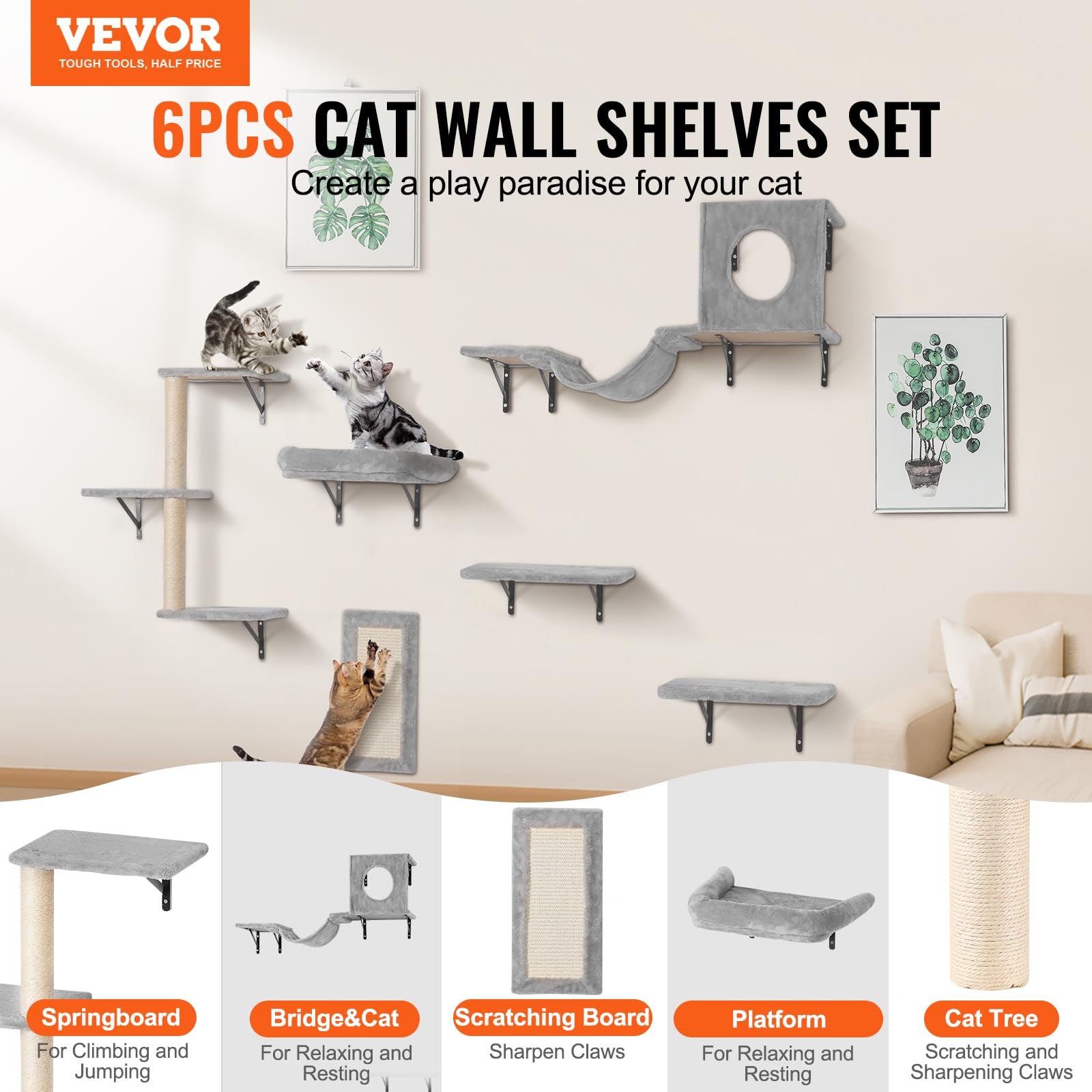 VEVOR Wall Mounted Cat Shelves, Cat Wall Shelves and Perches with Jumping Boards, Hammock, Sofa, Cat Tree & Cat Grip, Cat Furniture and Shelves up to 40 lbs for Sleeping, Playing, Climbing, Set of 6