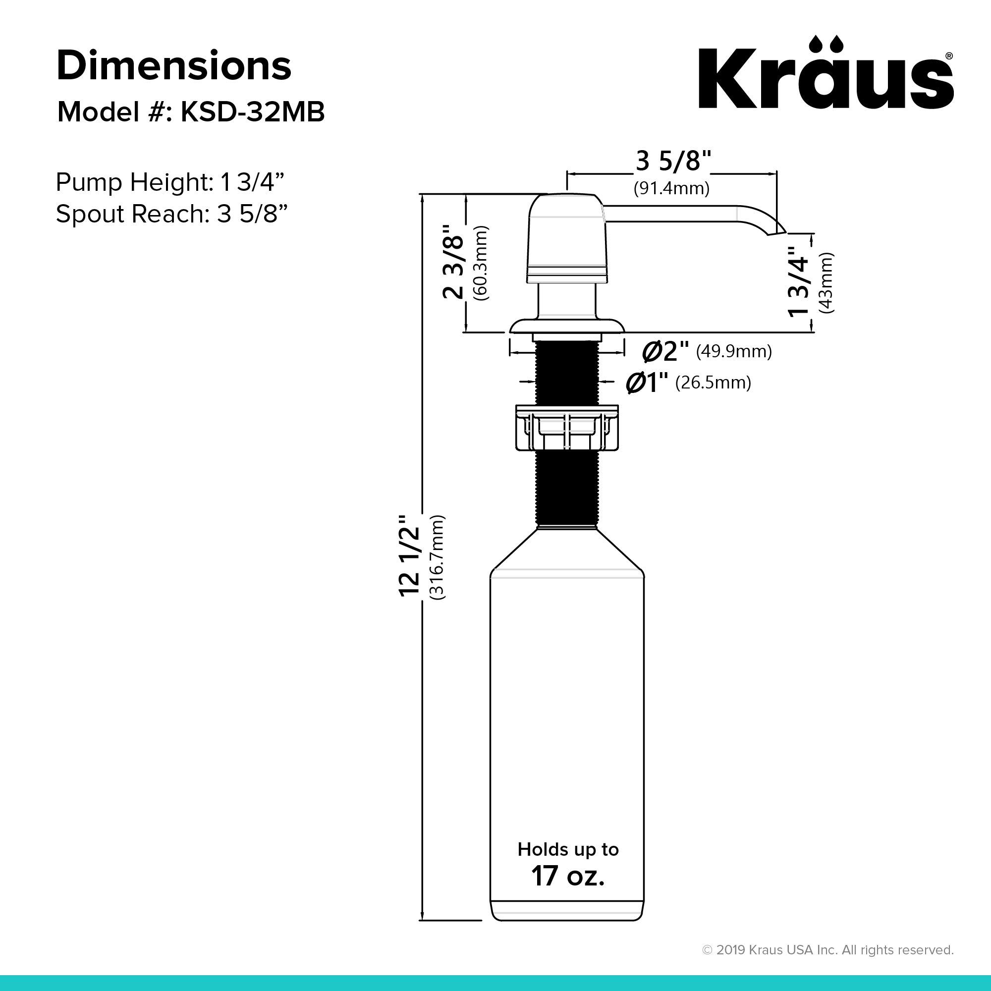 KRAUS Dispenser per sapone o lozioni da cucina con bottiglia di grande capacità da 500 ml e pompa in ottone, nero opaco
