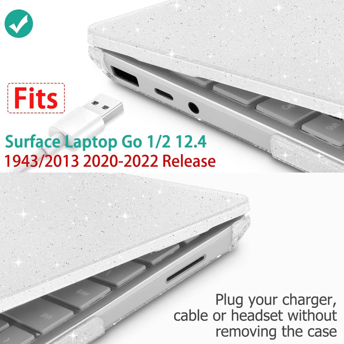 May Chen Compatible with Microsoft Surface Laptop Go 3/2/1 12.4 Inch Case, Plastic Hard Shell with Screen Protector + Keyboard Cover, Clear Glitter