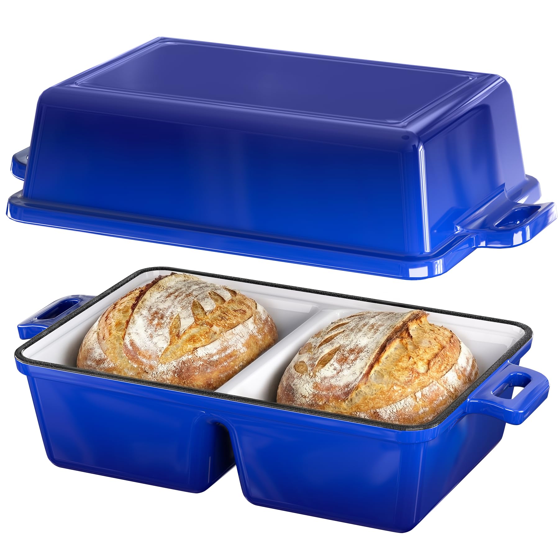 Photo 1 of SEFILENCE Double Dutch Oven for Sourdough Bread Baking,Enameled Cast Iron Dutch Oven with Lid,Double-Chamber Square Mini Sourdough Loaf Pan for Homemade Bread,Dark Blue(Patent Has Been Applied for)