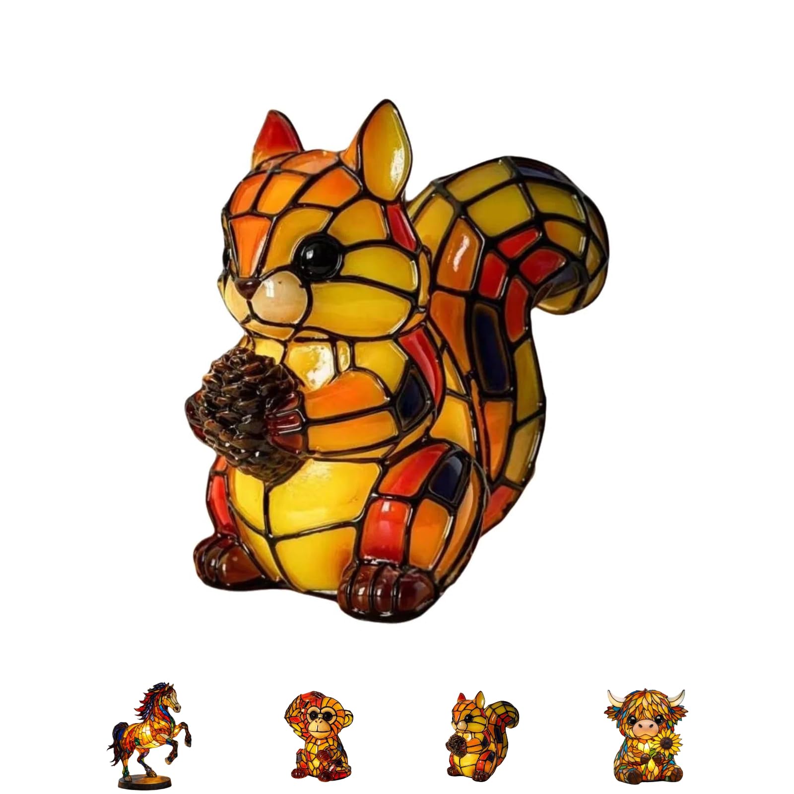 Stained Glass Lamp, Horse Highland Cow Lamp, Decorative Resin LED Night Light for Pet Lovers, USB Vintage 3D Table Lamp Cozy Glow for Desk & Mantel, Fun Gift for Friends Families (Yellow-Squirrel)