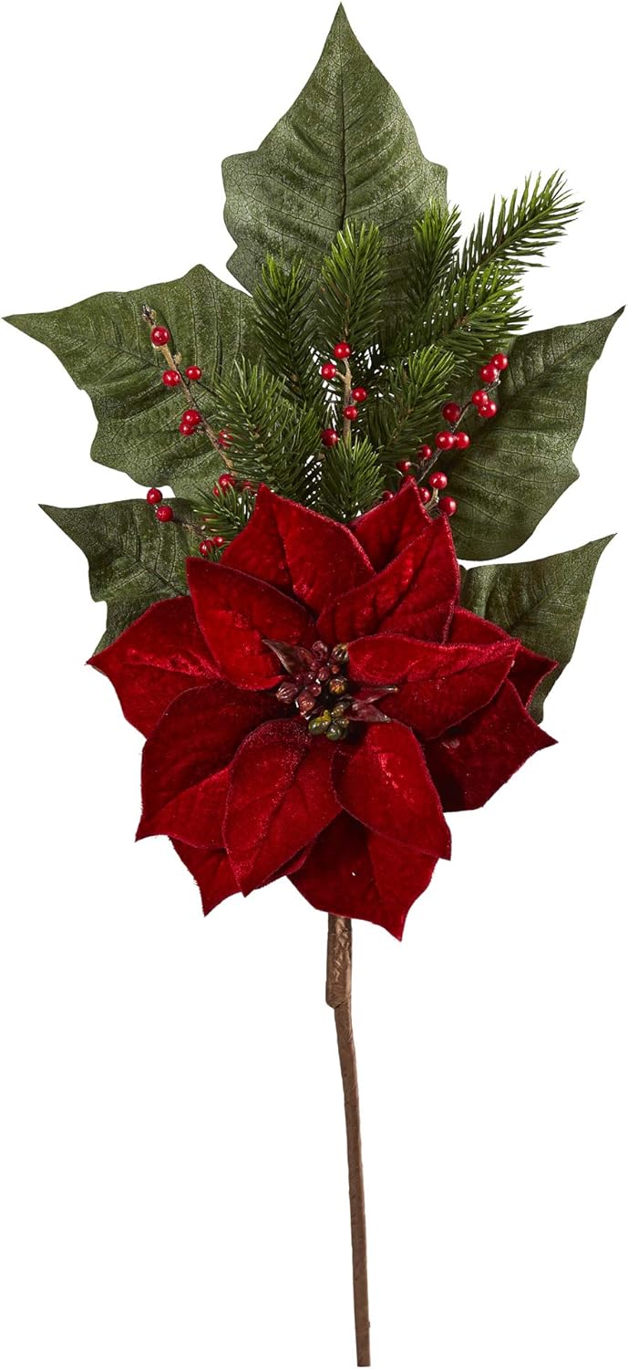 Nearly Natural 31in. Poinsettia, Berries and Pine Artificial Flower Bundle (Set of 3)