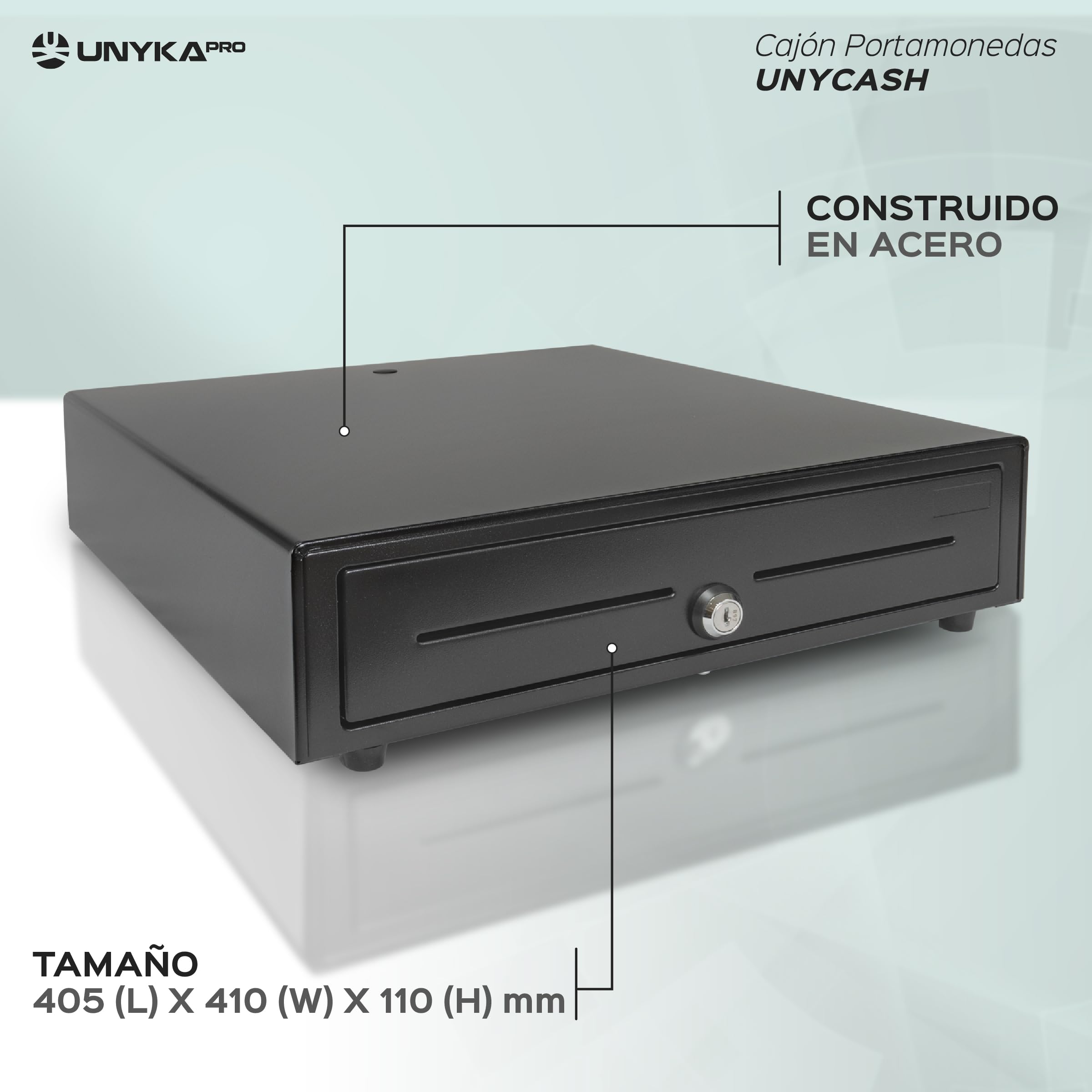 UNYKAch Cajón Portamonedas UNYCASH 56001 – Estructura Metálica 41x41cm – 4 Compartimentos para Billetes y 8 para Monedas – Apertura Automática RJ11 y Manual con Llave – Compatible con Sistemas POS