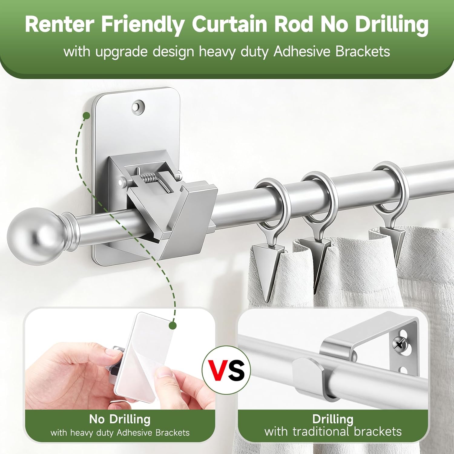 EKOTTOK Heavy Duty Curtain Rods No Drilling for Windows 30 to 90 Inches,5/8 Inch Diameter No Drill Small Curtain Rod Set with Adhesive Brackets, Silver