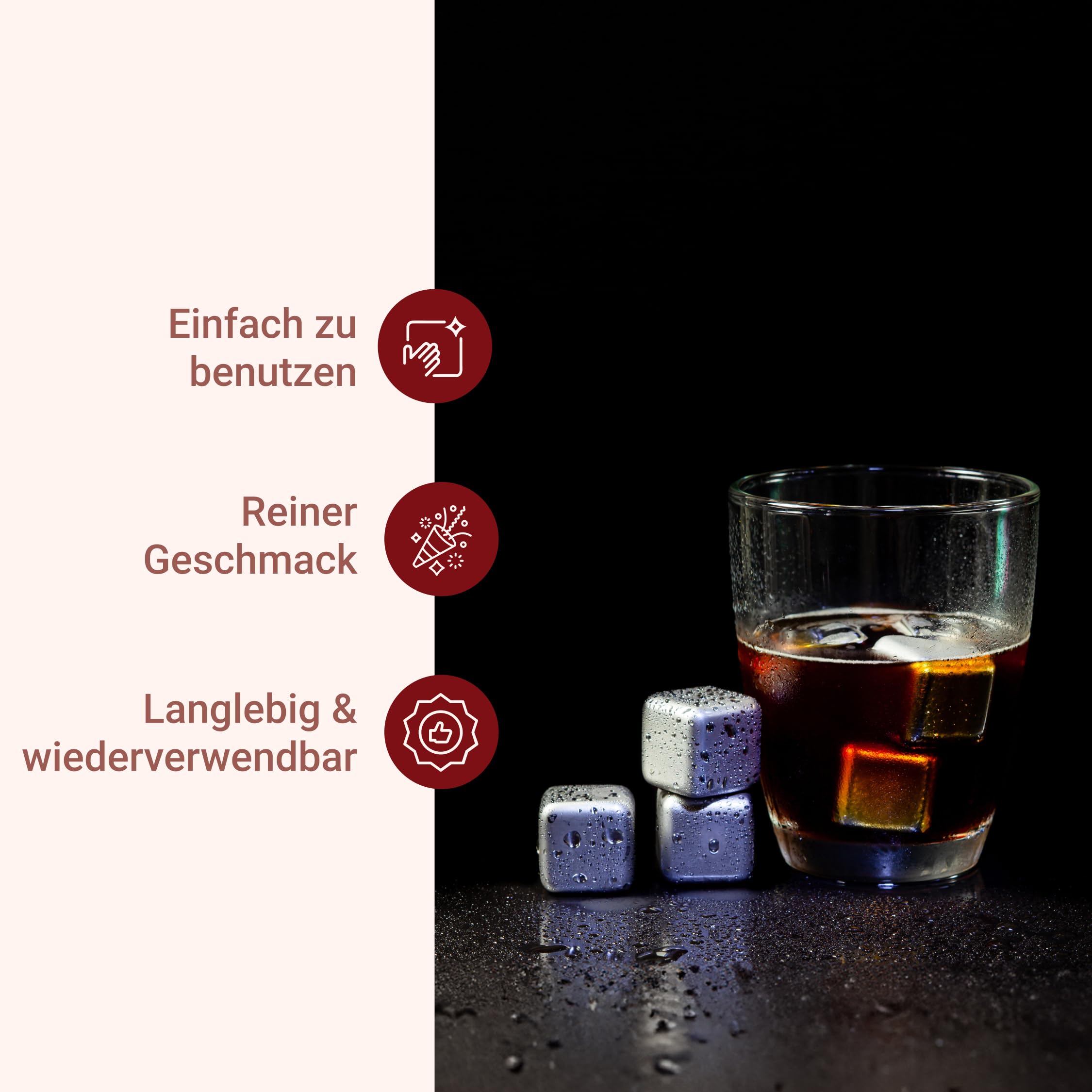 Kitchtic 16 Edelstahl Eiswürfel - Wiederverwendbare Eiswürfel - Rostbeständiger Metallstein zum Kühlen von Wein, Whiskey, und Mehr ohne zu Verdünnen - 2,6x2,6x2,6 cm, Silber - 16 Stück