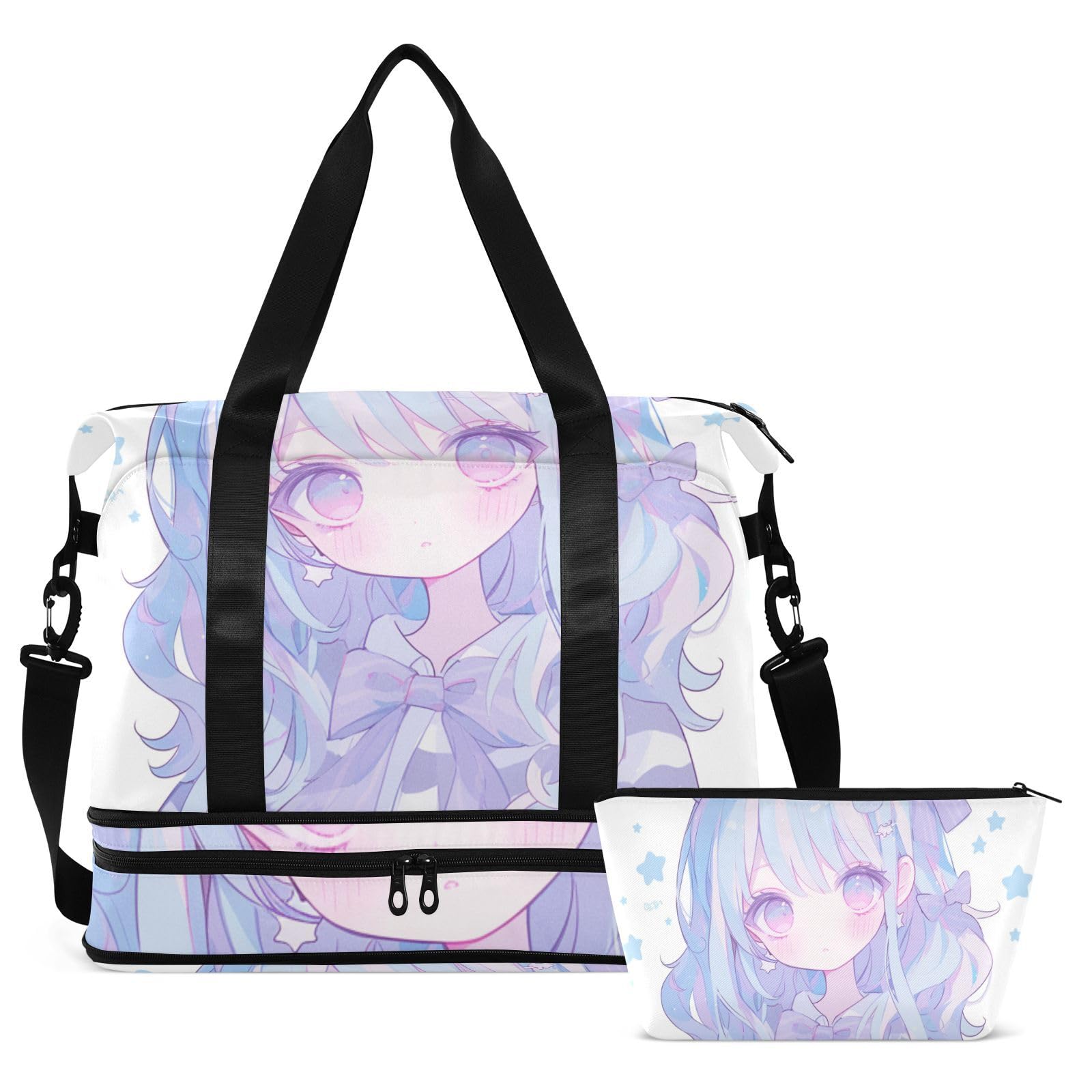 Prosta pastelowa fioletowa torba sportowa dla dziewczyn anime z mokrą kieszenią regulowany pasek torba treningowa na podróże służbowe 2 szt. zestaw dla mężczyzn kobiet