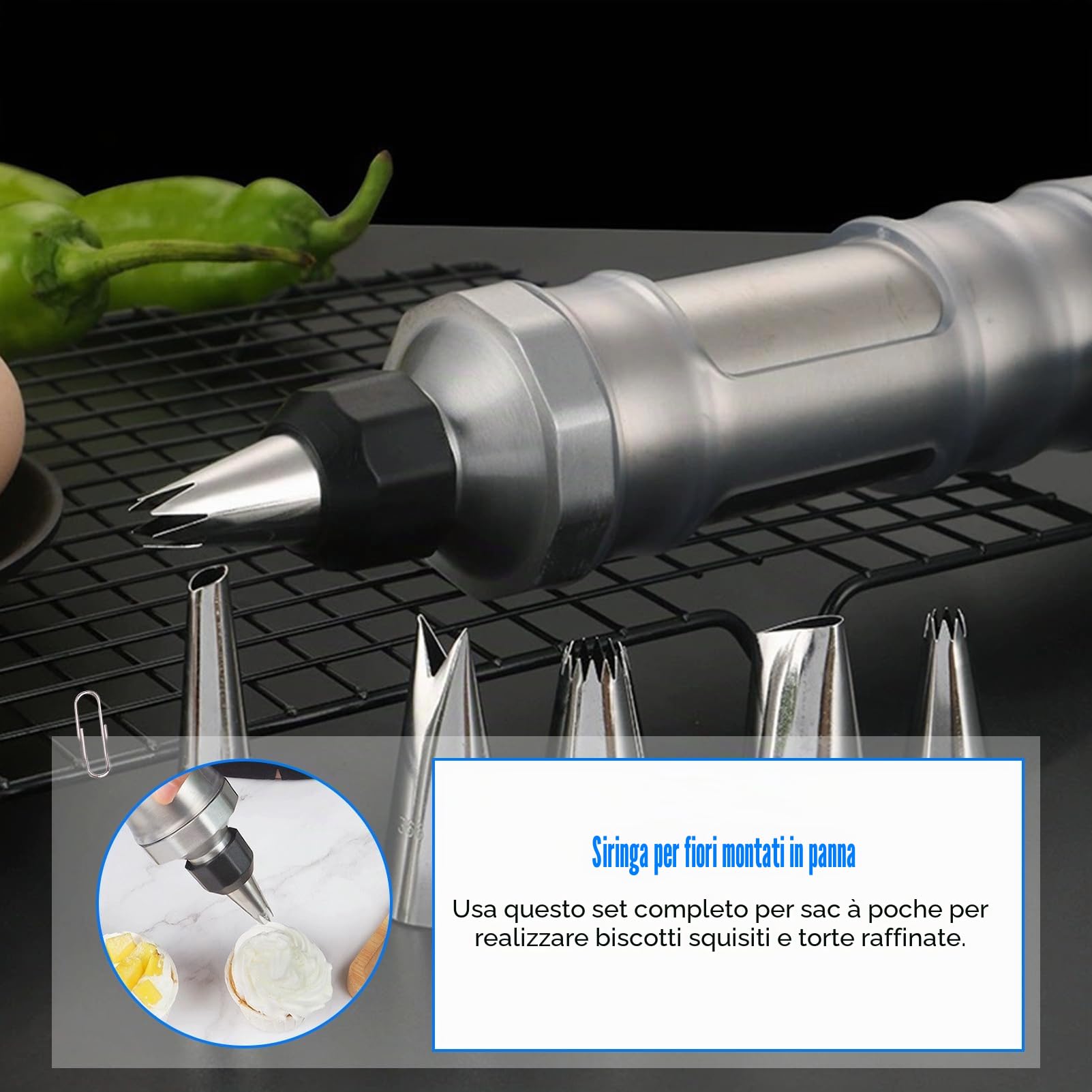 Siringa Professionale in Acciaio Inox per Pasticceria Con 6 Beccucci - per Torte, Marmellata, Cupcake, Biscotti - Colore Nero