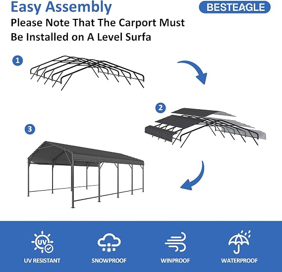 12x20FT Metal Carport, Carports with Reinforced Frame and Enhanced Base, Heavy Duty Carport Canopy for Car, Boats, Tractors, Trucks or Party, Dark Gray