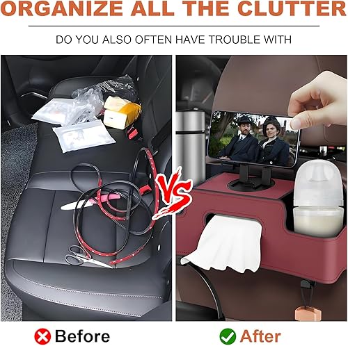 Miniatura 2 de Organizador de asiento de automóvil con 2 portavasos para bebidas, caja de pañuelos, soporte para teléfono y gancho, bolsa de almacenamiento