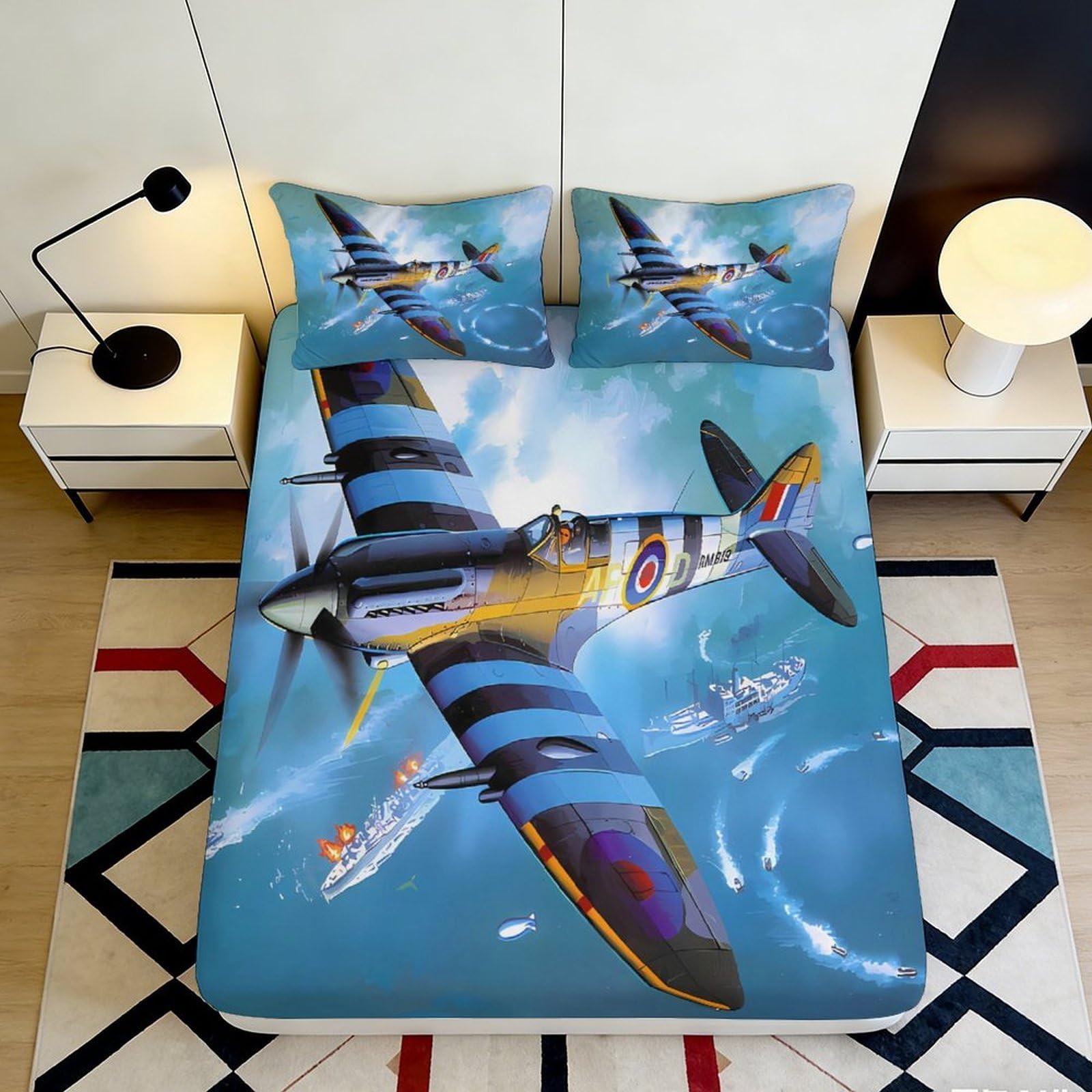 3D Printed Aviation Balloon Fitted Sheet Microfiber Deep Pocket Full Wrap for Bedroom Non-Slip Airplane Mattress Fitted Cover Washable 200x200x25cm
