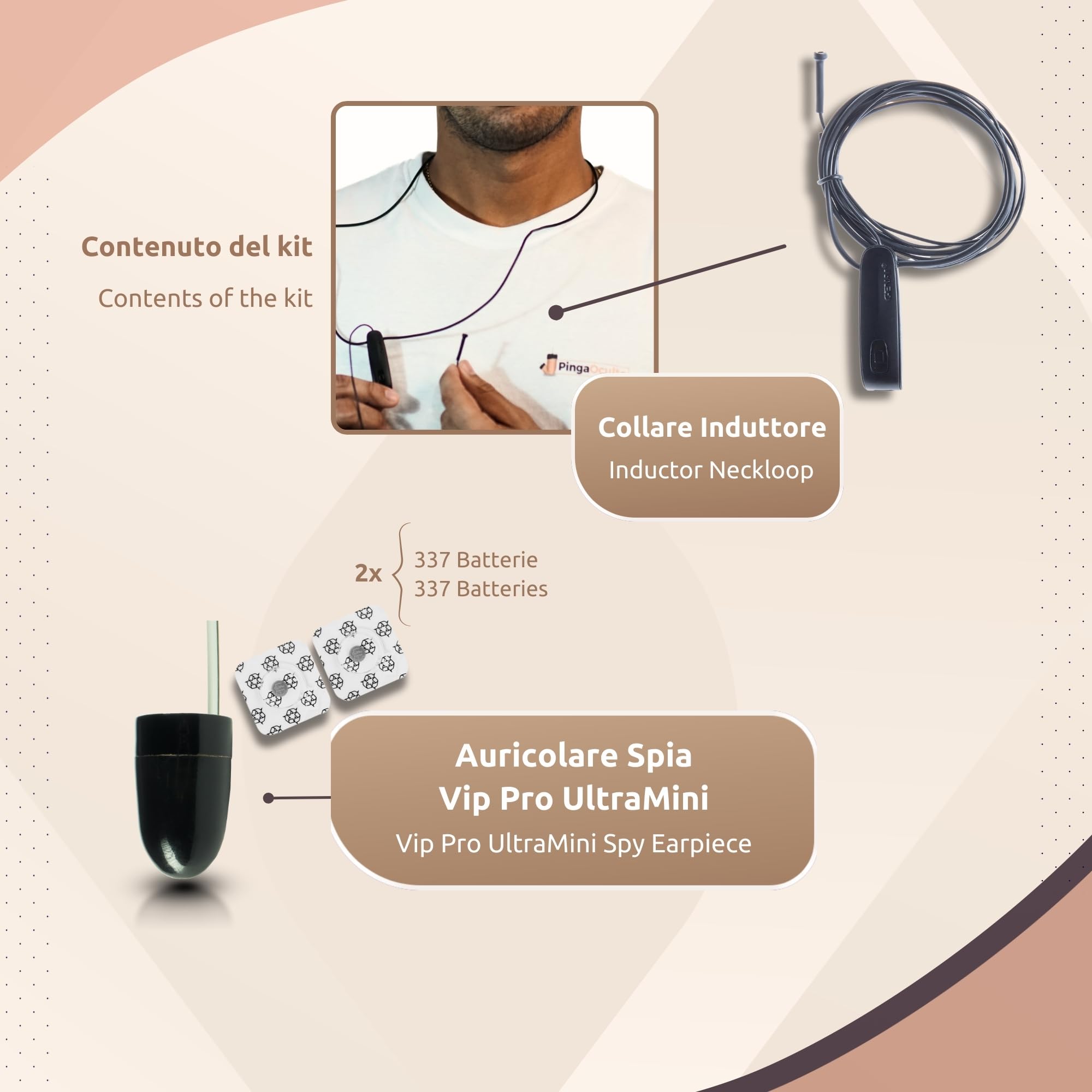 PingaOculto Cuffie Spia Esami (Vip Pro UltraMini Bluetooth Microfono Cavo) | Senza fili, Pulsante multifunzione, Chiamate e registrazioni, Collare a induzione, iPhone e Android, Volume elevato
