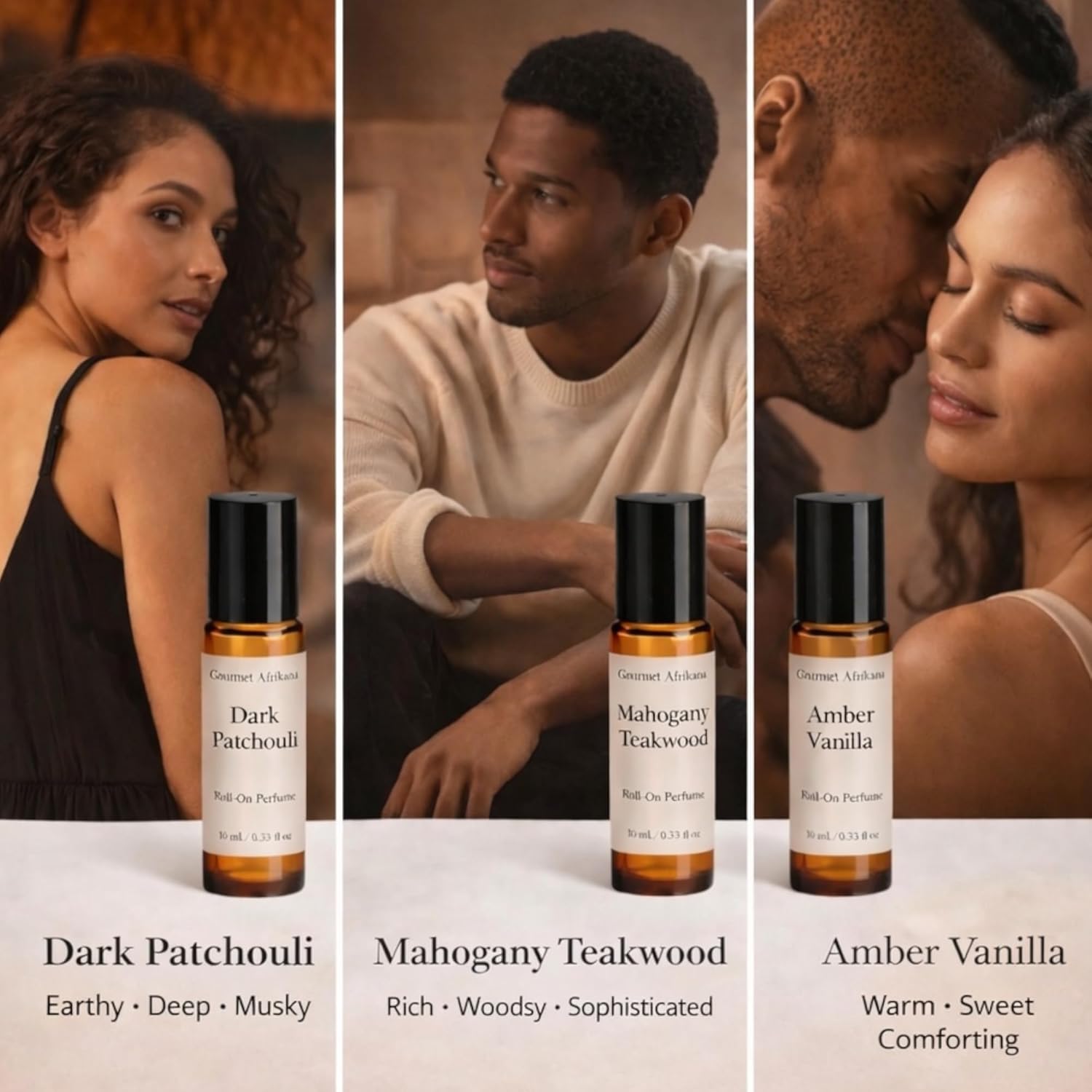 Warm & Sensual Roll-On Perfume Set (3 Pack) – Dark Patchouli, Mahogany Teakwood & Amber Vanilla – Earthy, Woodsy & Sweet Scents – Unisex Essential Oil Perfume – 10 mL Each – Handmade in USA