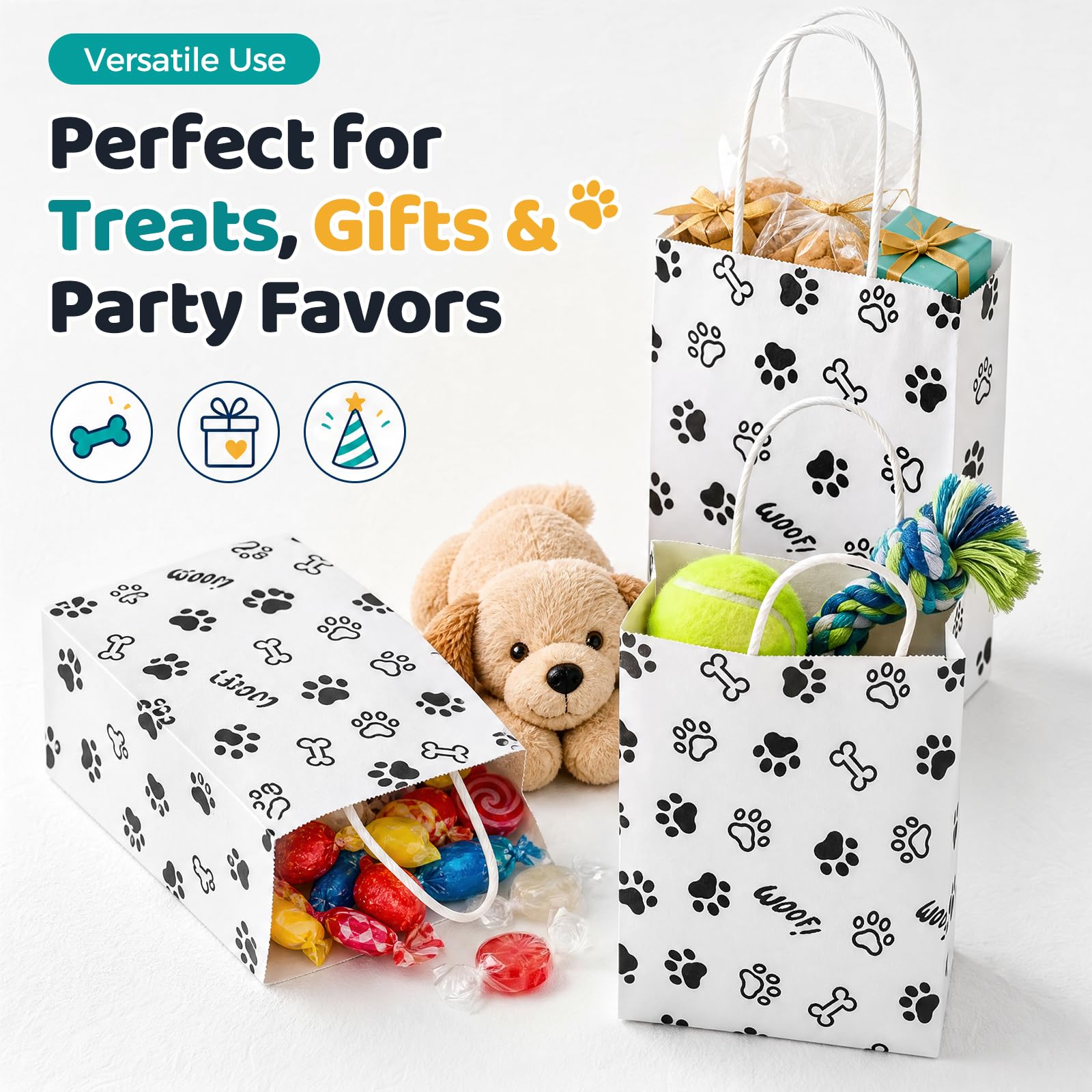 LovesTown 16 Pack Goodie Bags, 5.5 x 2.8 x 8 Inch Animal Party Favor Paw Prints Gift Bags with Handles for Dog Pet Themed Party Retail Grocery Bulk Supplies