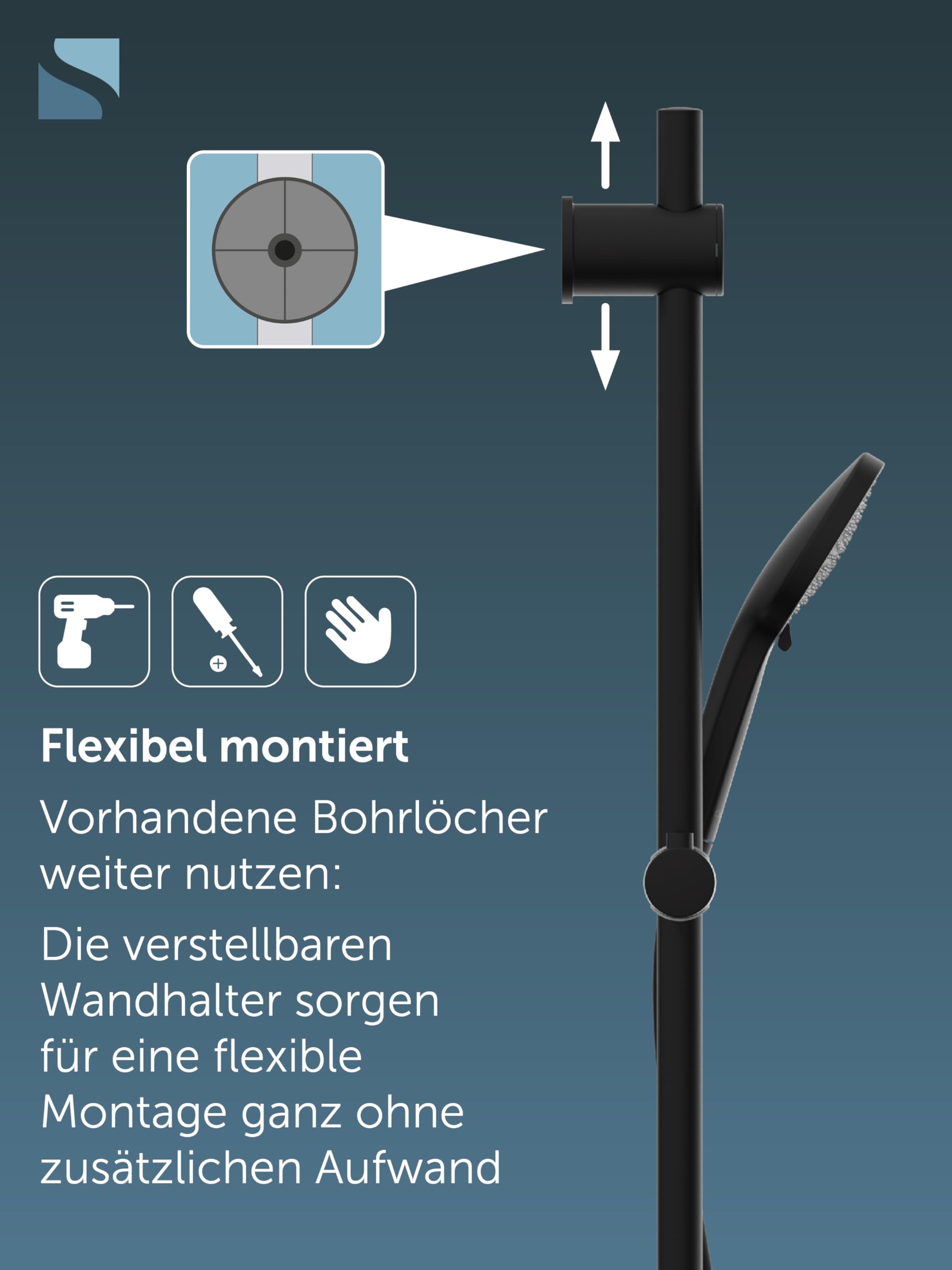 SCHÜTTE RAVEN Duschstange und Handbrause | Duschbrause mit 3-fach verstellbarem Duschkopf | Brauseset mit Duschsäule | Regendusche Duschpaneel mit Schlauch | Schwarz