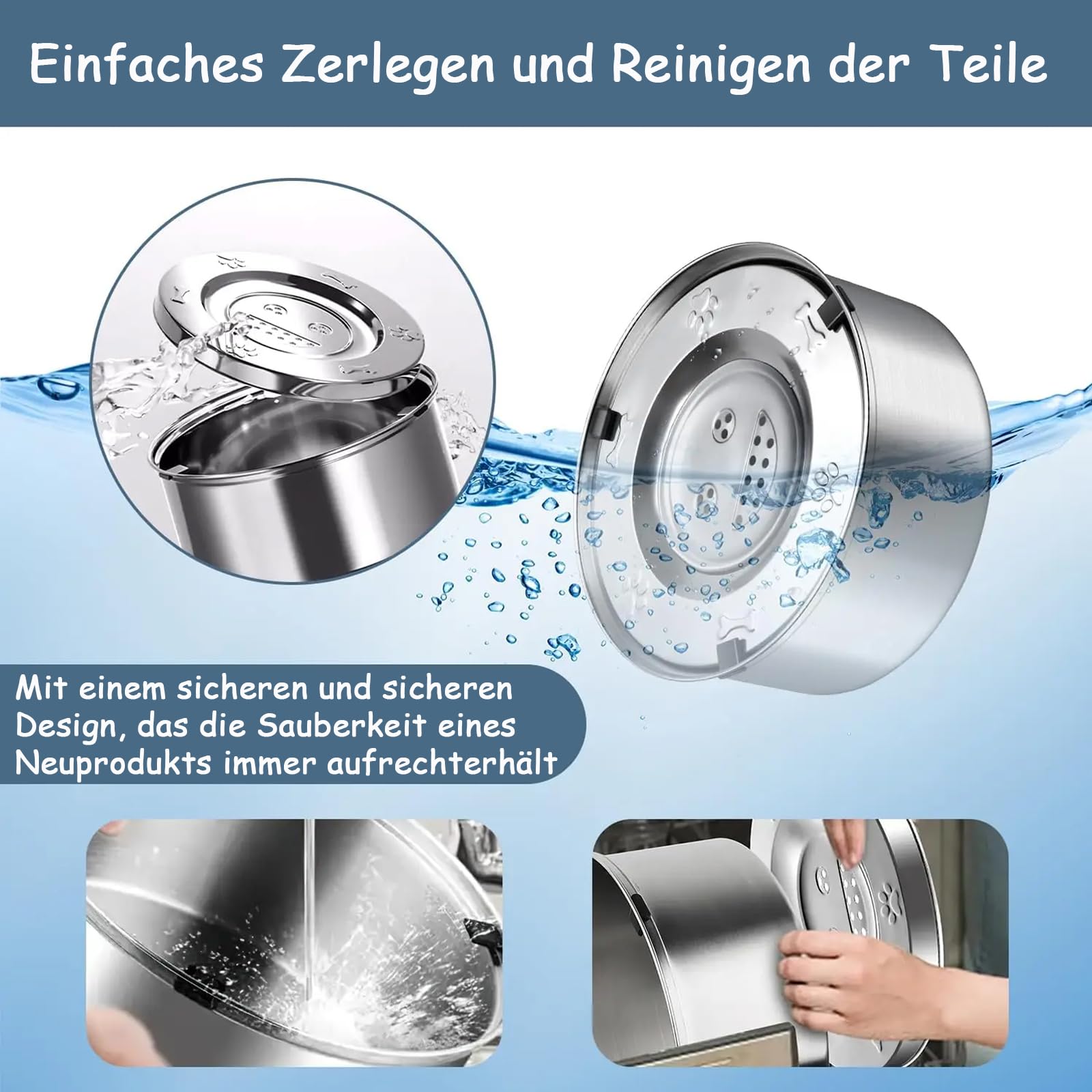 Ciotola per acqua per cani da 3 l, anti-scivolo, con vasca galleggiante, 4 scomparti, antiscivolo, rimovibile e resistente alla polvere per cani di grossa taglia (argento), ideale per casa