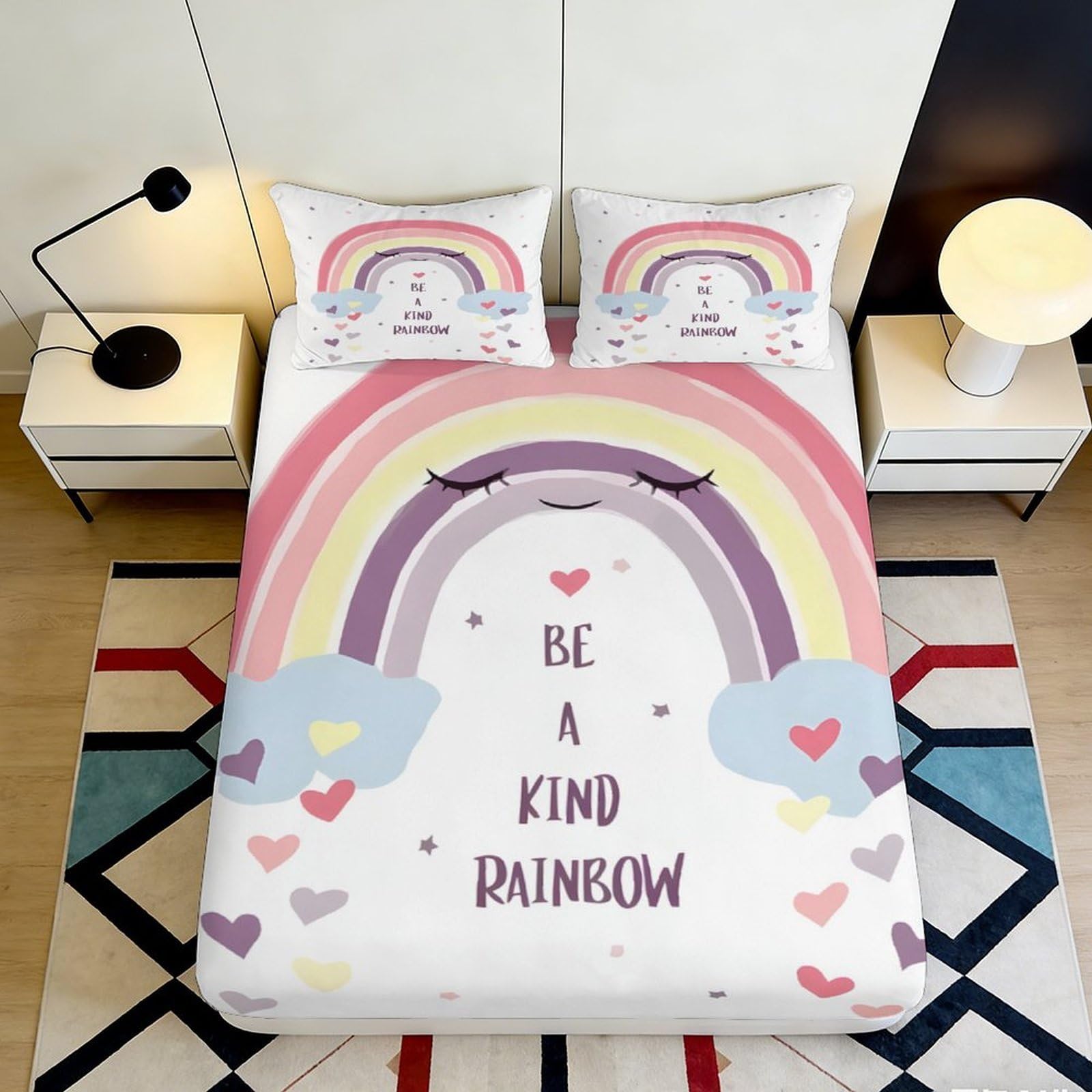 3D Printed Rainbow Cloud Fitted Sheet Microfiber Pastel Heart Mattress Cover Anti-Slip Easy Care for Bedroom Dorm Guest Room 140x200x25cm
