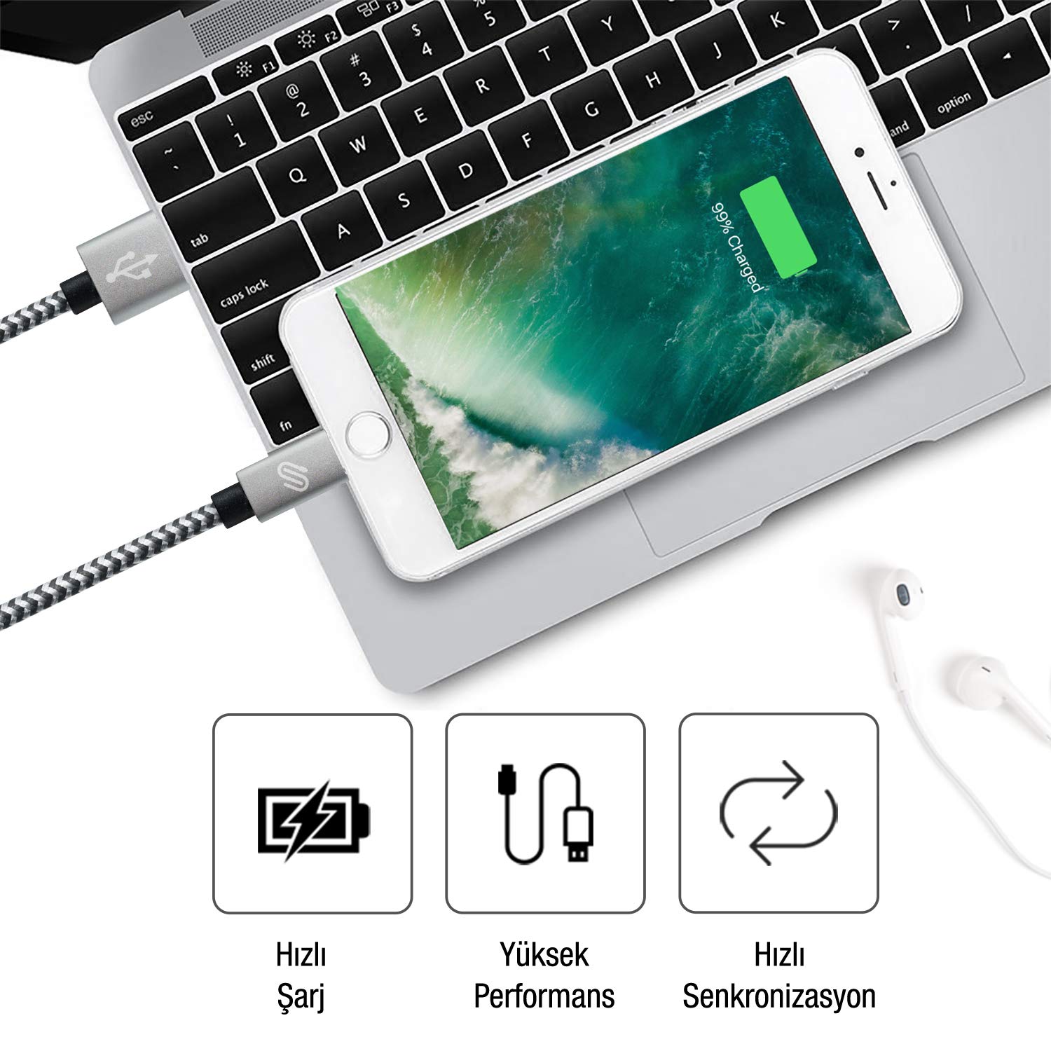 QWERTS Hızlı USB Lightning Kablo – 3’lü Şarj Kablosu Seti - iPhone XS/X/8 Plus/7/7 Plus/6/6 Plus/6s/6s Plus/5/5s/5c/SE&iPad ile Uyumlu – Siyah Beyaz