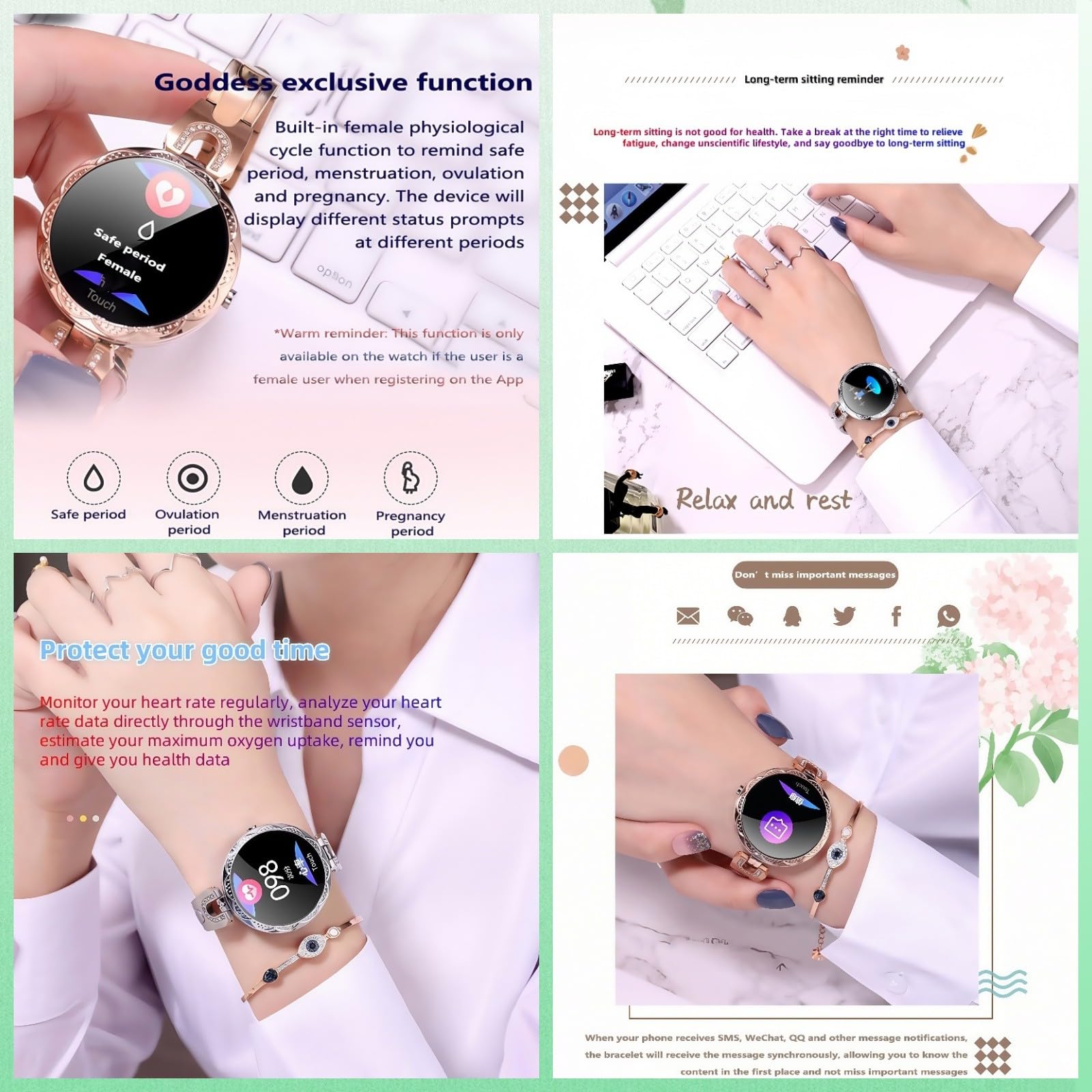 Pulsera Inteligente De Moda para Mujer, con Monitorización De Ritmo Cardíaco, Presión Arterial, Sueño Y Ciclo Fisiológico, Resistente Al Agua IP67. para Android iOS