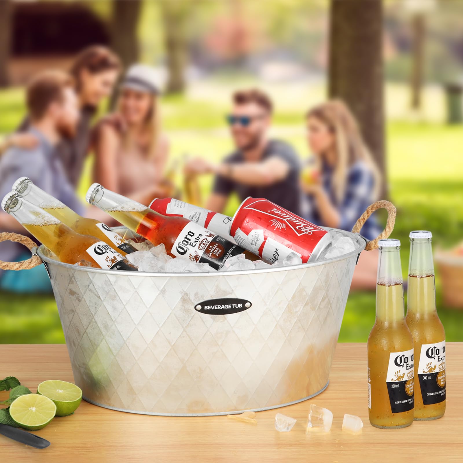iHoo Juego de 2 cubetas para bebidas con gran agarre para fiestas de 2,6 galones (10 L), bañeras de bebidas galvanizadas para bares interiores o exteriores, 14,76 x 6,18 pulgadas