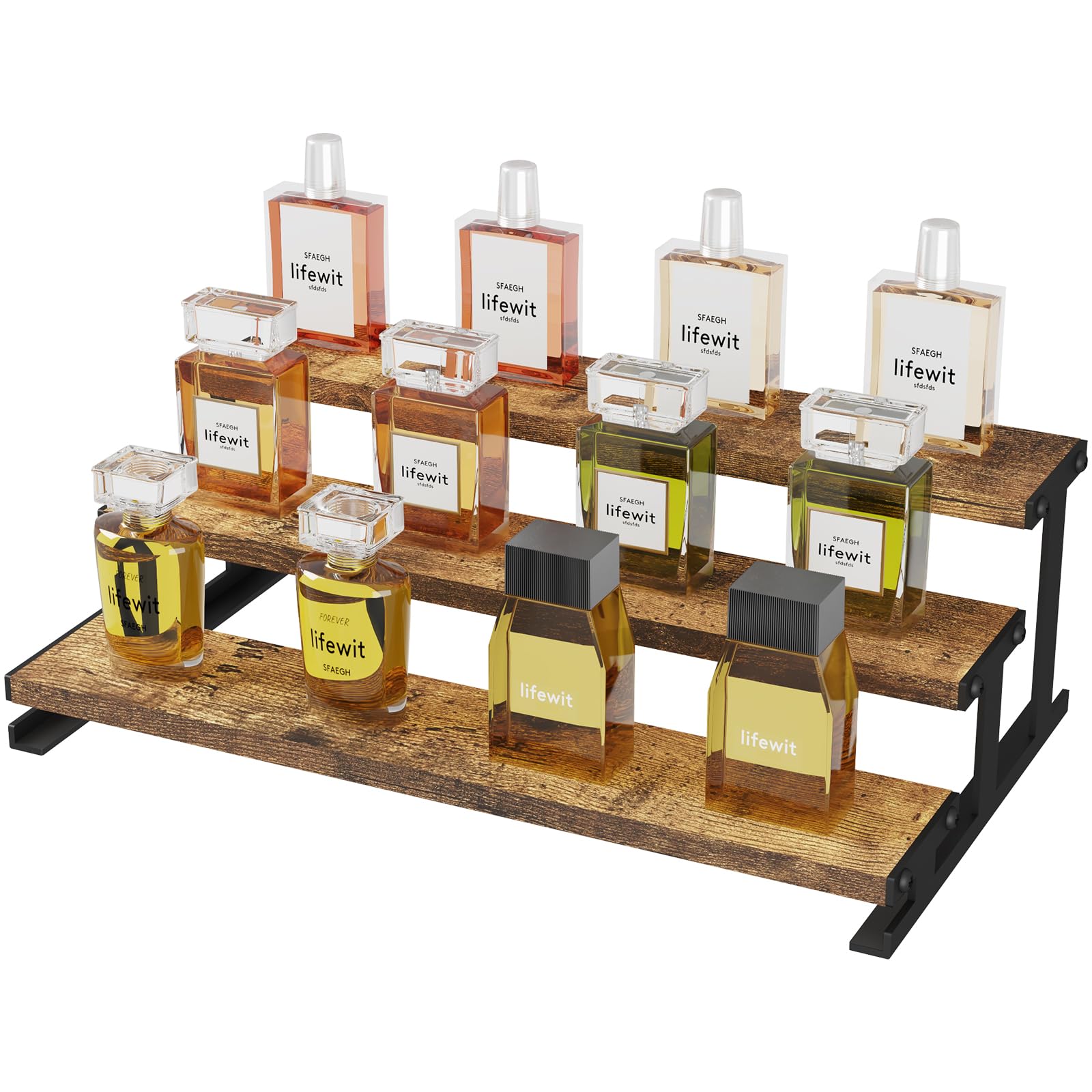 Lifewit 3 Etagen Display Ständer mit Schwarzes Metallregal, 35 x 20 x 11 cm Stehende Aufsteller für Parfüm, Holzwerkstoff Parfüm Organizer für Schminktisch/Badezimmer, Tortenständer für Party