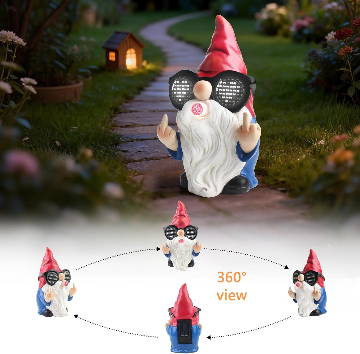 Gnome Statue with Solar LED Glasses, 8.3 in Funny Garden Gnome Statue for Outdoor Decor, Naughty Gnomes Ornaments for Home, Yard, Lawn, Patio and Balcony Decoration