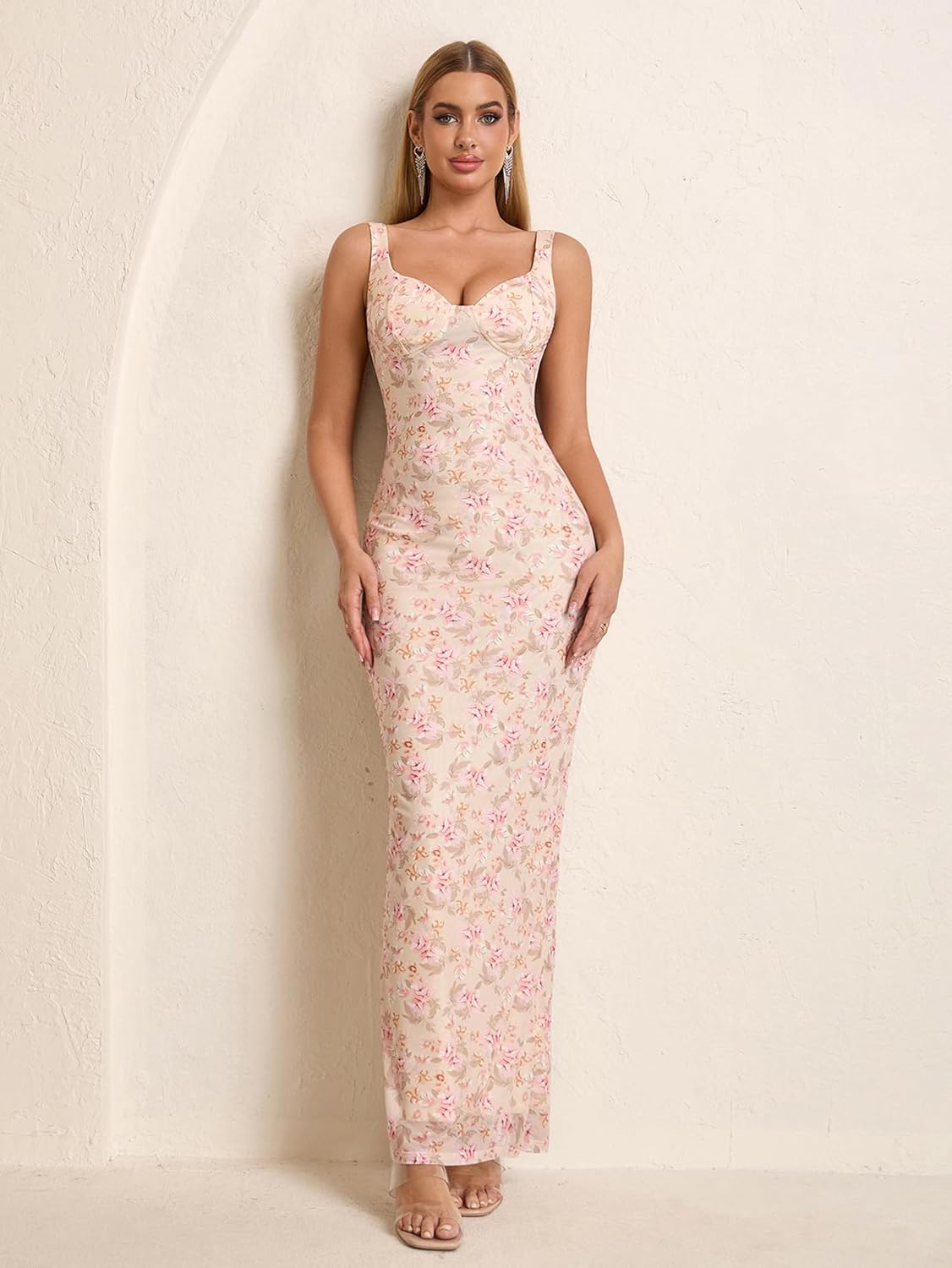 HTZMO Women Summer Floral Bodycon Maxi Dress V Neck Halter Sleeveless Casual Wedding Guest Party Elegant Long Dresses - Image 3