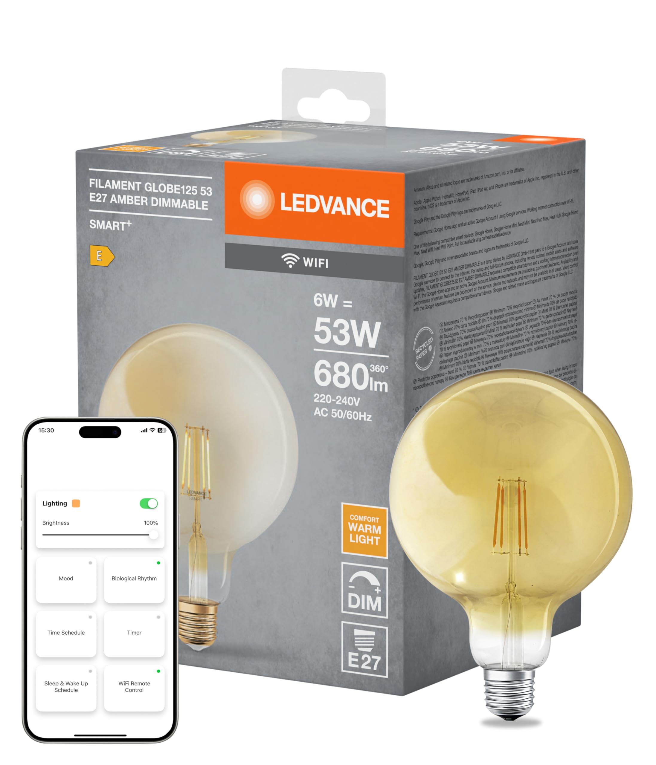 LEDVANCE Smart LED lamp in Gold with 6W, 2700K, E27, 125mmx178mm, with WiFi Technology, Bulb dimmable Global Form controllable via app and Voice Assistant.