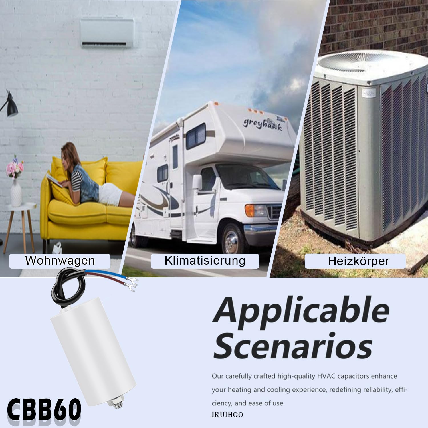 Iruihoo CBB60 Condensatore Motore 10 µF 450 V 50/60 Hz Avviamento con Filo M8