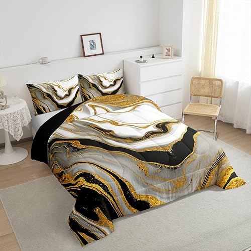 Miniatura 4 de Erosebridal Juego de edredón abstracto tamaño Queen, juego de ropa de cama de acuarela negro y gris, juego de cama de mármol mármol con estampado