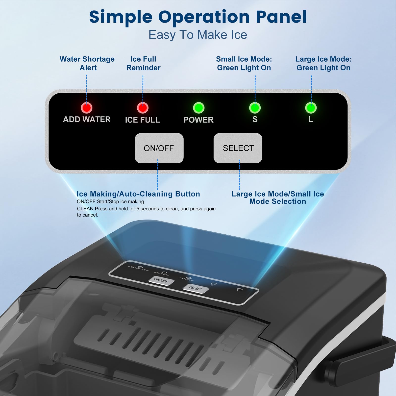 Machine à Glaçon, 9 Glaçons en 6-8 Minutes, 2 Tailles de Glaçons,14kg en 24h, Machine a Glace Autonettoyante avec Pelle à Glaçons pour Maison/Cuisine/Camping (Noir) - 4