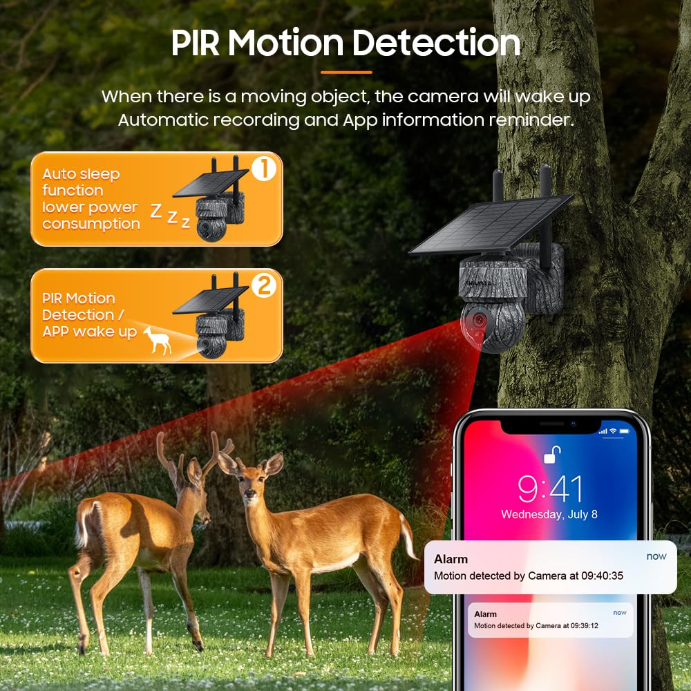 SHIWOJIA Fotocamera da caccia, 4G LTE Fototrappola con SIM, Telecamera Solare 2K PTZ 360°, Rilevamento PIR Tempo di Trigger 0.2s, IP66 Impermeabile, Infrarossi Visione Notturna