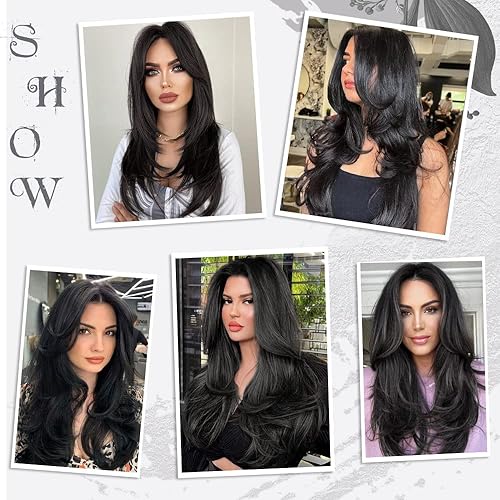 Miniatura 5 de Extensiones de cabello negro con clip para mujer, extensiones de cabello liso en capas, sintético resistente al calor, largo ondulado, uso diario,