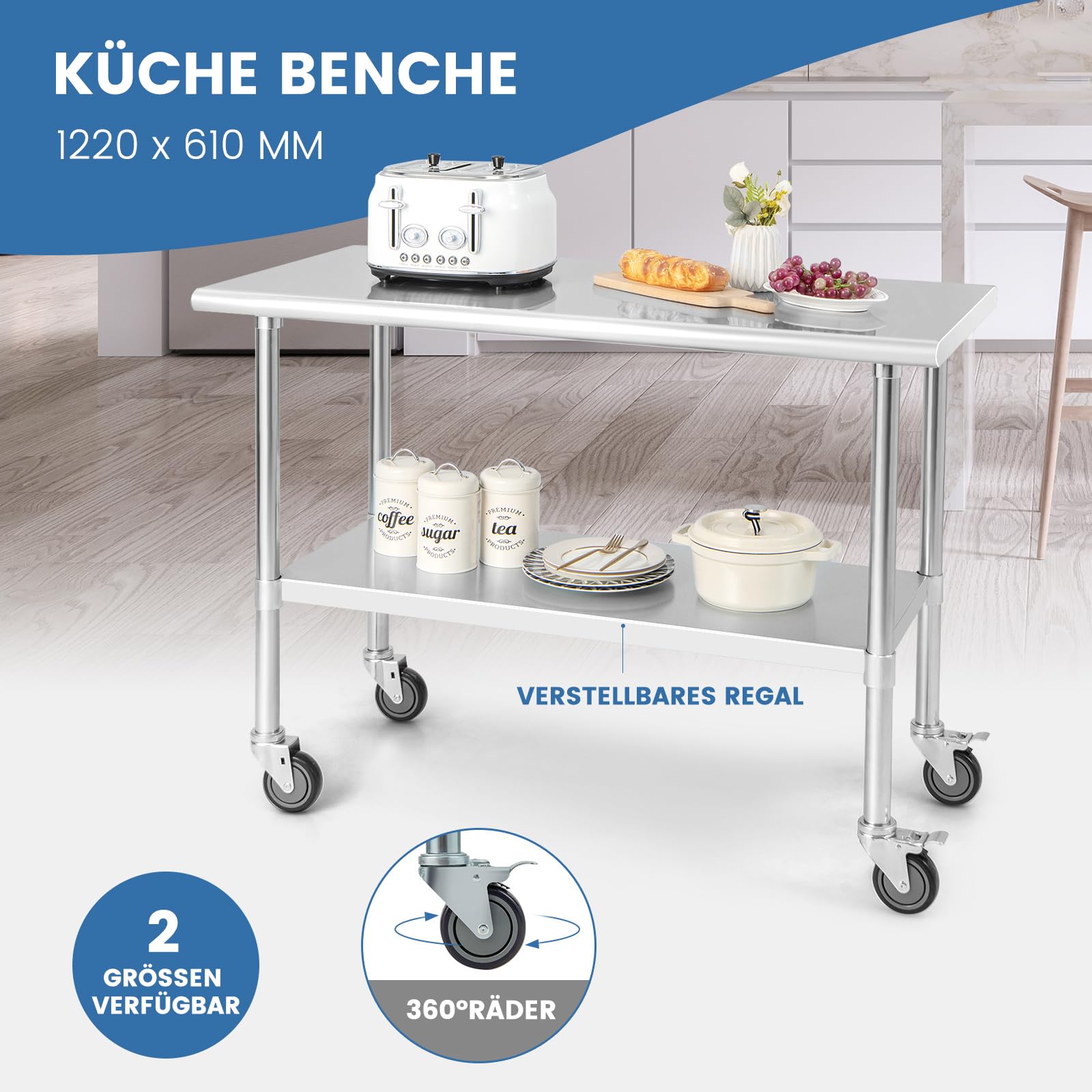 COSTWAY Arbeitstisch Edelstahl, Küchentisch Edelstahltisch mit Höhenverstellbarer Ablage, Zubereitungstisch mit abschließbaren Rollen, Ablagetisch für Küche Restaurant, Silber