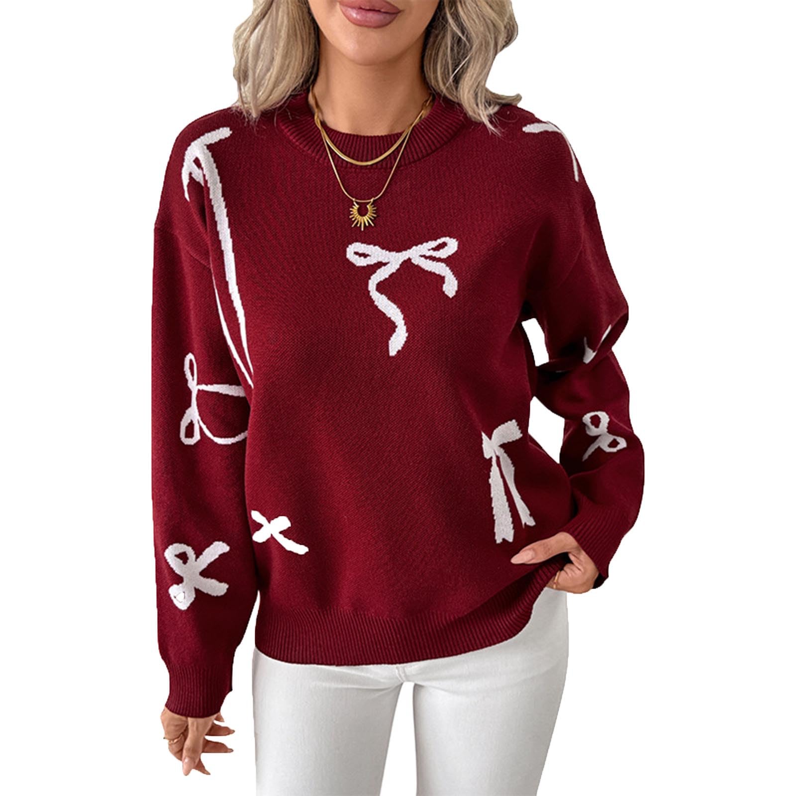 Christmas Sweaters for Women Y2k Bow Print Crew Neck Oversized Sweater Fall Winter Sweet Red Knit Pullover Tops