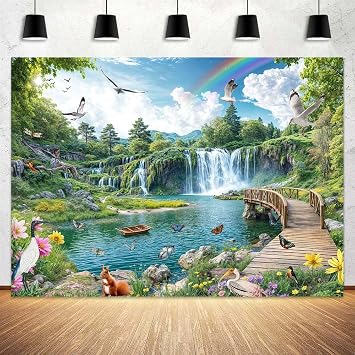10X8ft Nature Backdrop for Outdoor Photoshoots Garden, Waterfall, Colours Floral & Birds Butterfly Fantasy Scenery Festival Hanging Cloth with Rainbow, River, Bridge Paradise Wall Mural Decor
