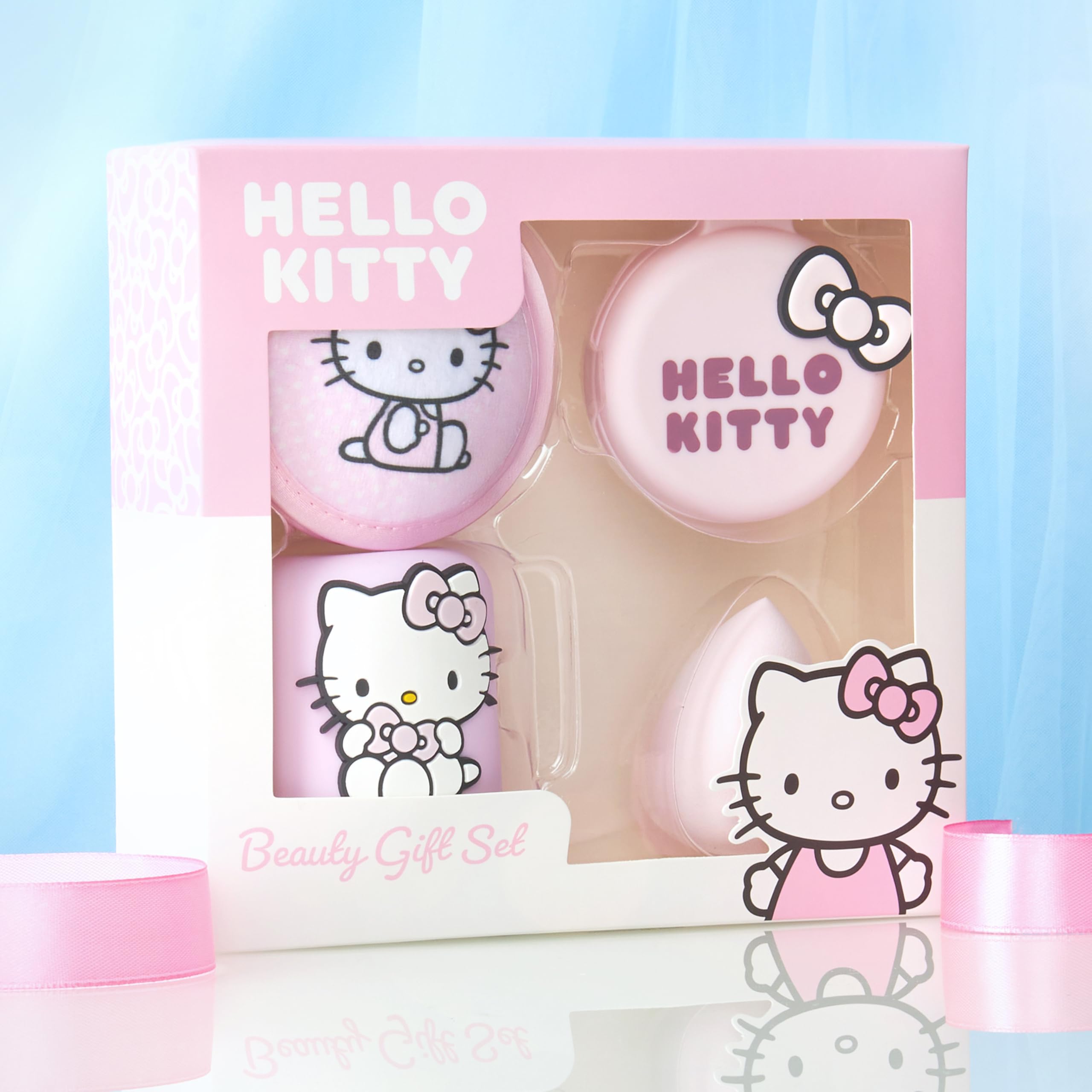 Hello Kitty Sanrio Set Beauty Ragazza, Mini Spazzola Capelli con Specchio, Spugnetta Trucco, Lavabile Dischetti Struccanti, Regali per Lei