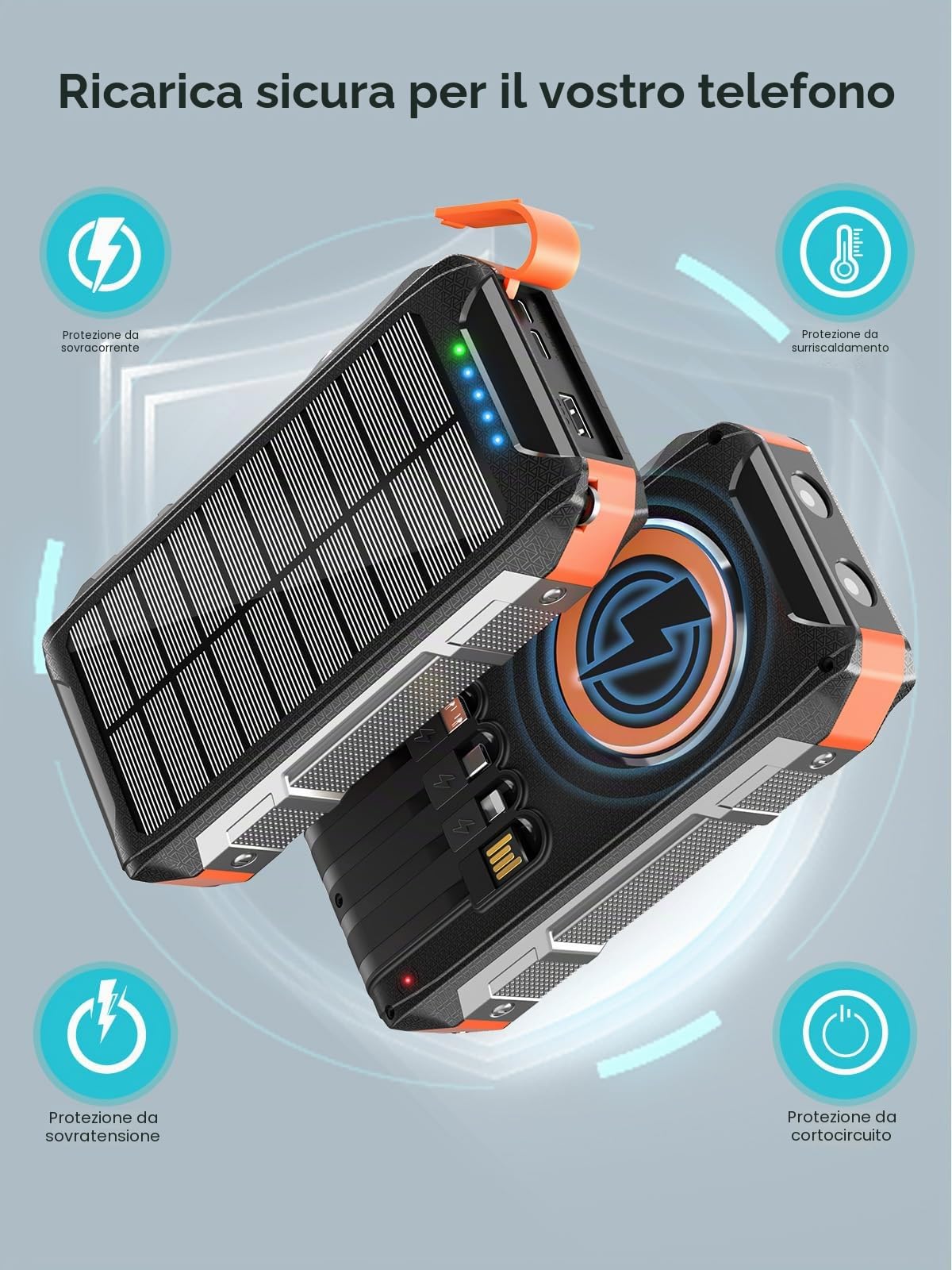 26800mAh Solar Power Bank con 4 cavi, power bank magnetico senza fili | ricarica rapida, 30W, USB C, caricatore portatile 7 uscite, batteria esterna con torcia per attività all'aperto, campeggio