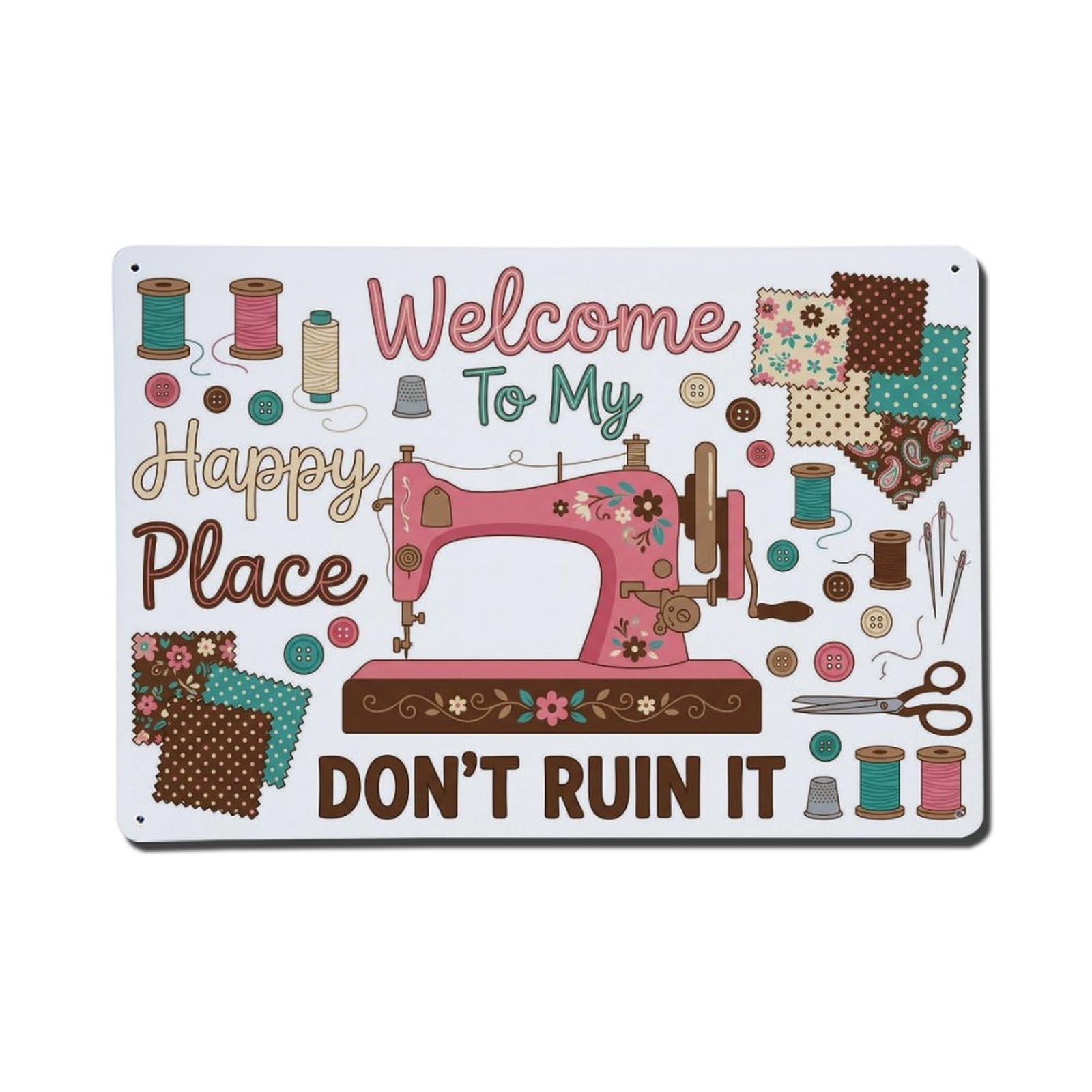 Sewing Room Welcome Happy Place Wall Sign Vintage Aluminium Metal Sign, Retro Wall Decor for Home, Bar, Garage & Farmhouse 20x30cm