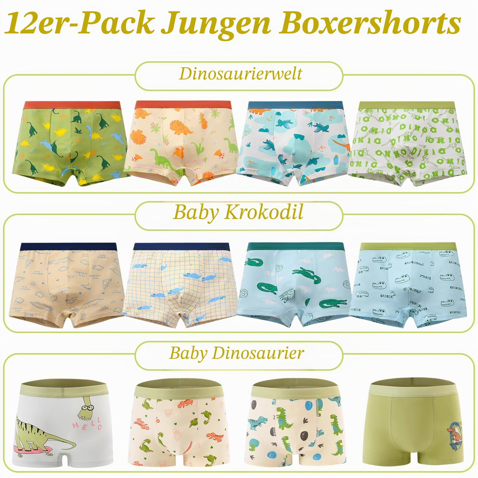 Boxershorts für Jungen Weiche Bequeme Boyshorts Dinosaurier Muster Boxershorts Unterwäsche 12er-Pack, 2–12 Jahre
